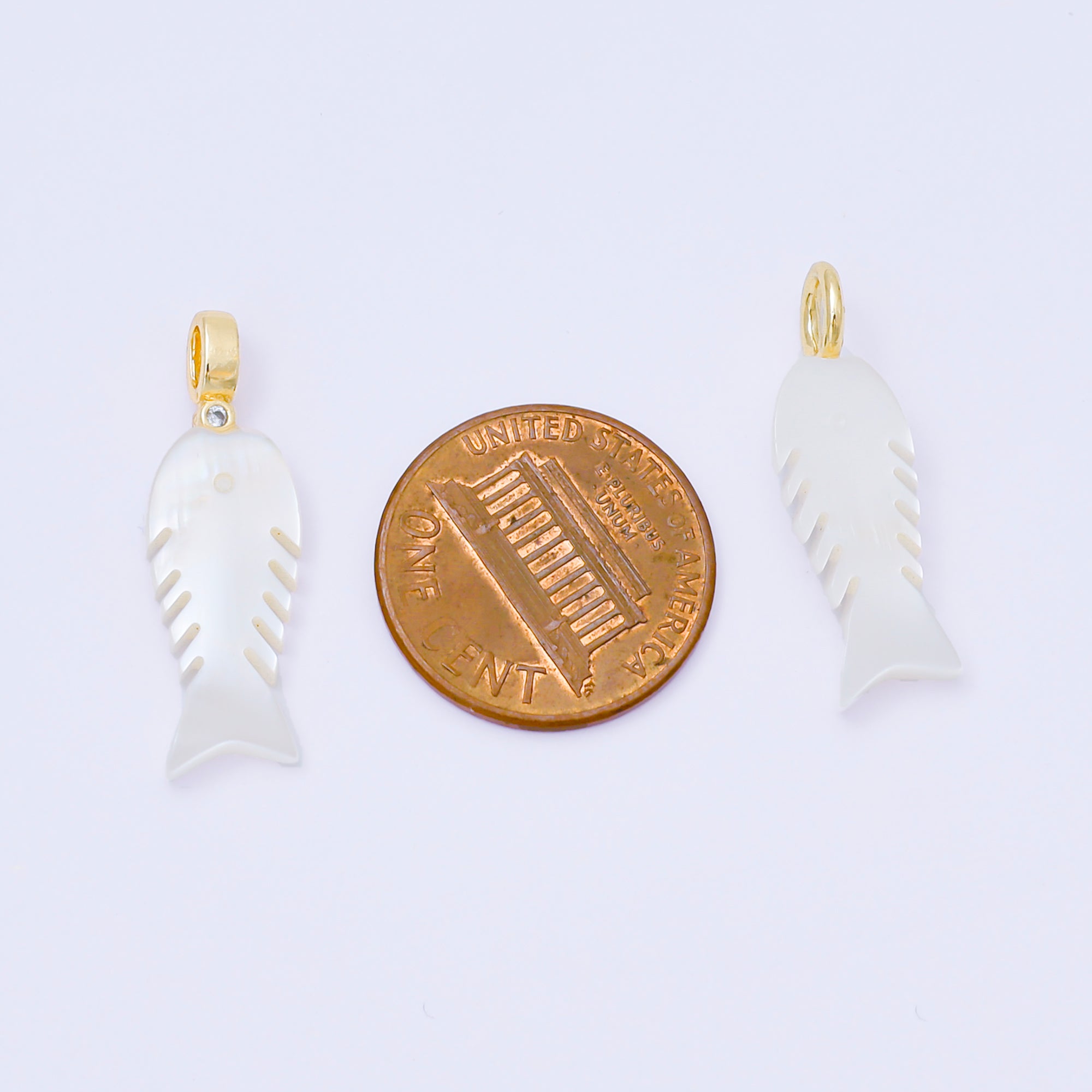 24K Gold Filled 25mm Shell Pearl Fish Sardine Animal CZ Drop Pendant | AF568 AF569
