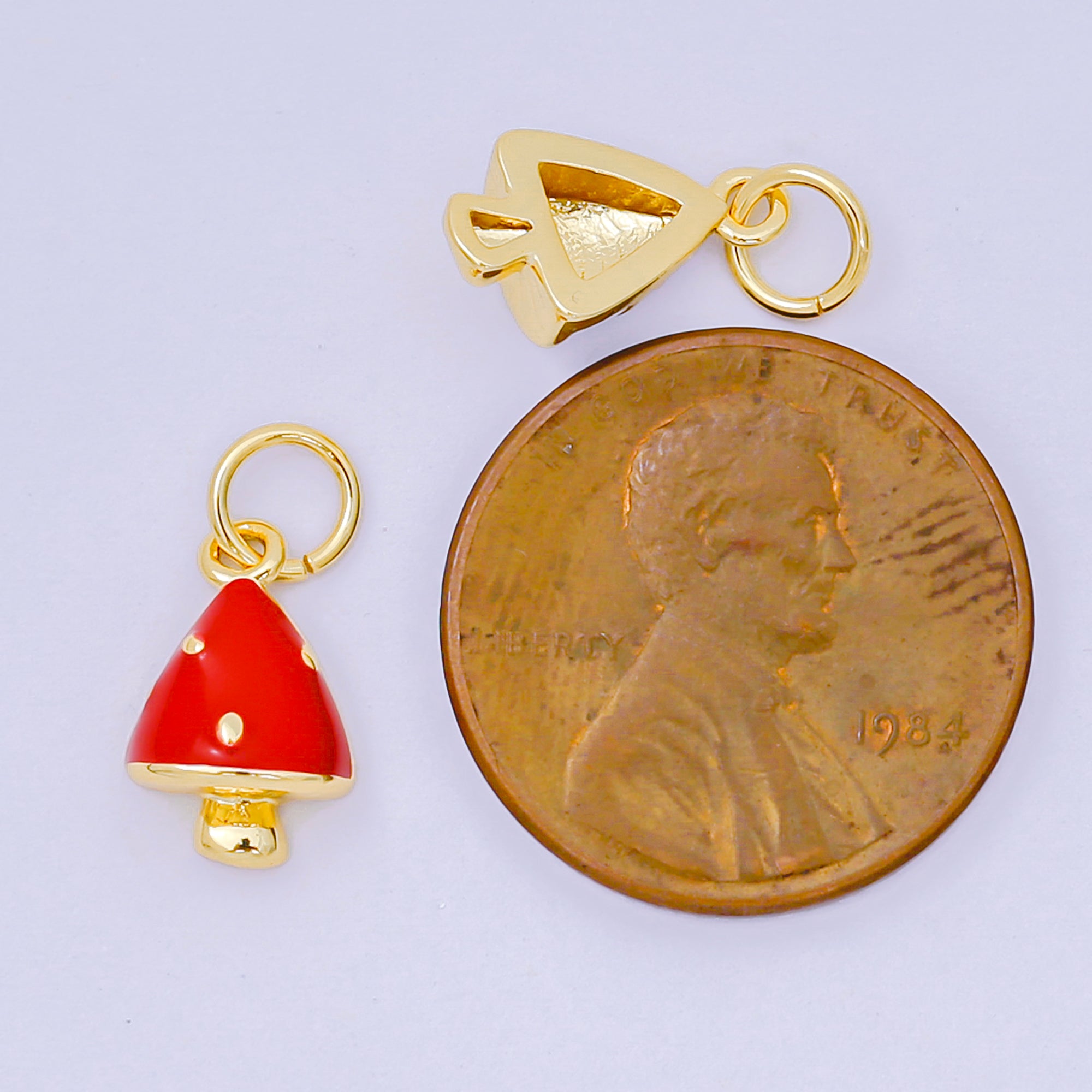 24K Gold Filled 11.5mm Red & White Enamel Art Wild Mushroom Charm | D-536