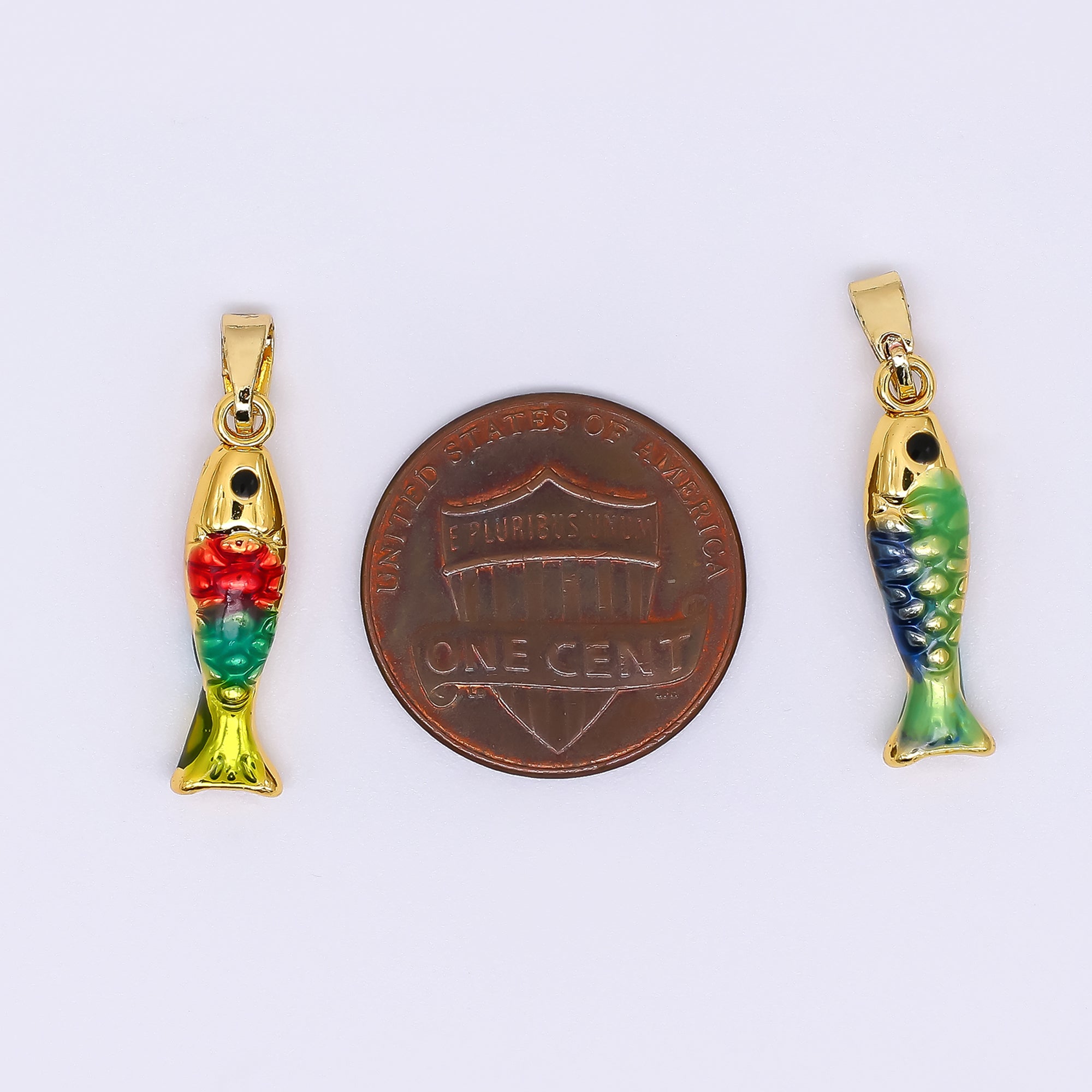 24K Gold Filled 20mm Black Round CZ Enamel Art Ocean Fish Animal Dainty Pendant in Green, Red, & Blue | AH-512 AH-513