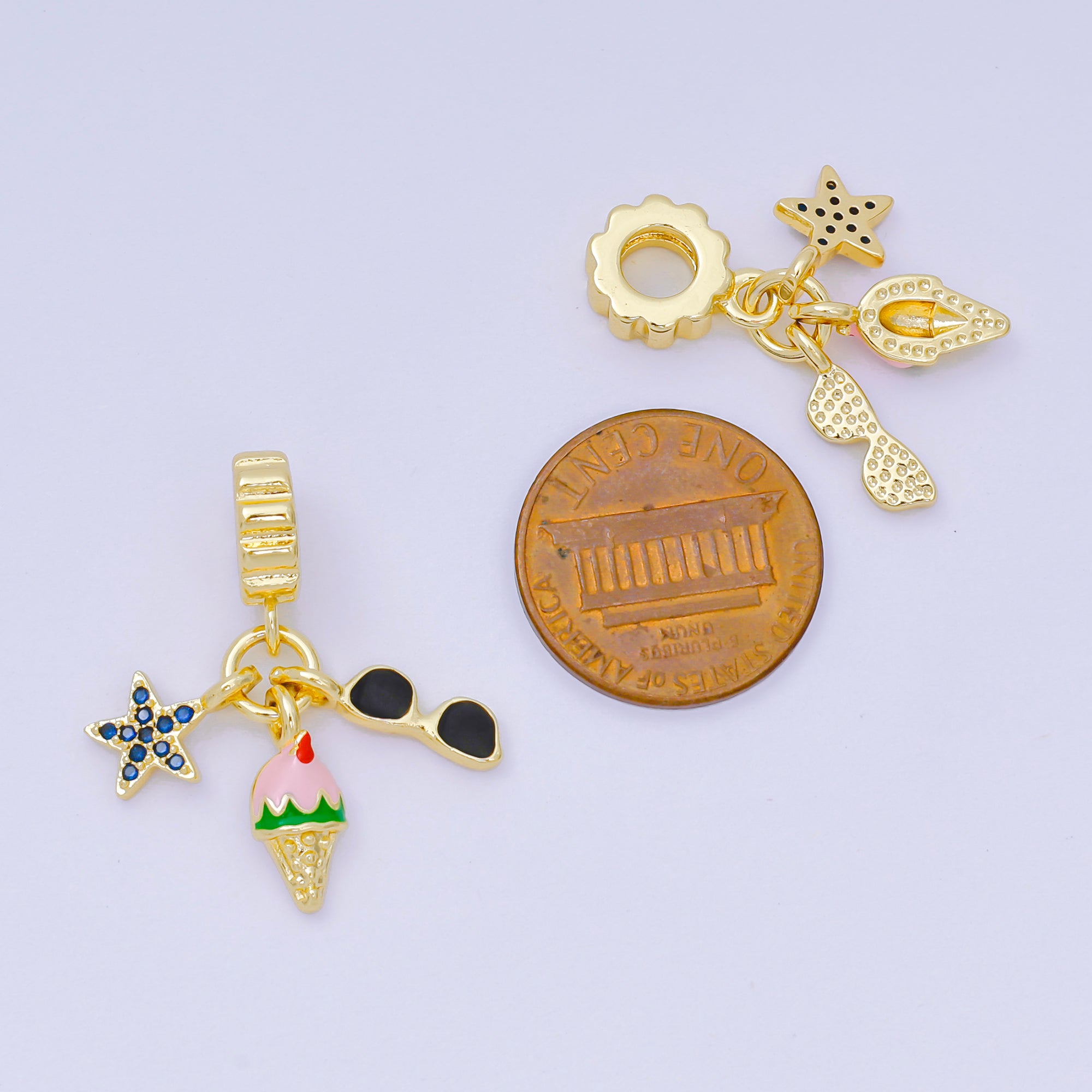 24K Gold Filled 14mm Micro Paved CZ Enamel Art Playful Set Charm in Star, Ice Cream, & Sunglasses Rhondelle Drop Pendant | M-097