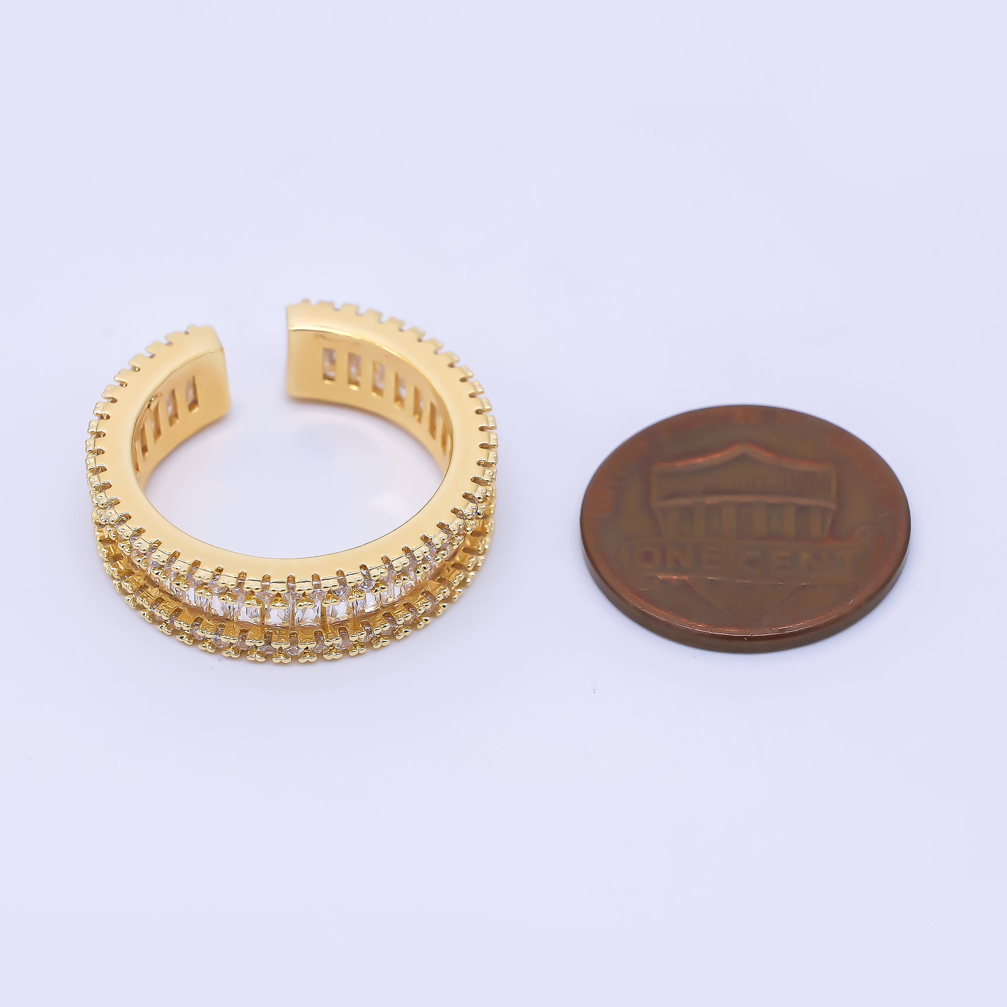 24K Gold Filled Baguette & Micro Paved CZ Simple Crown Adjustable Open Ring | O1037