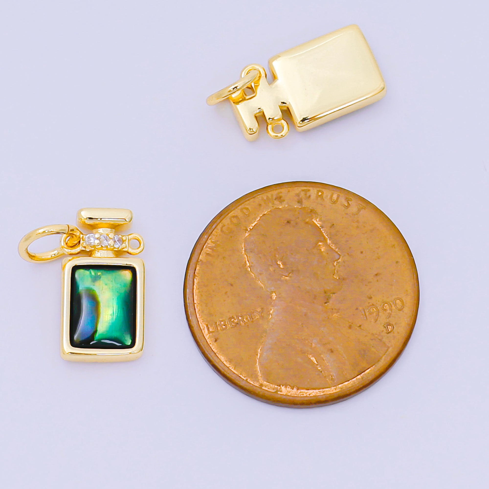 24K Gold Filled 12mm Green Abalone Dainty Flusk Perfume Bottle Charm | M-244