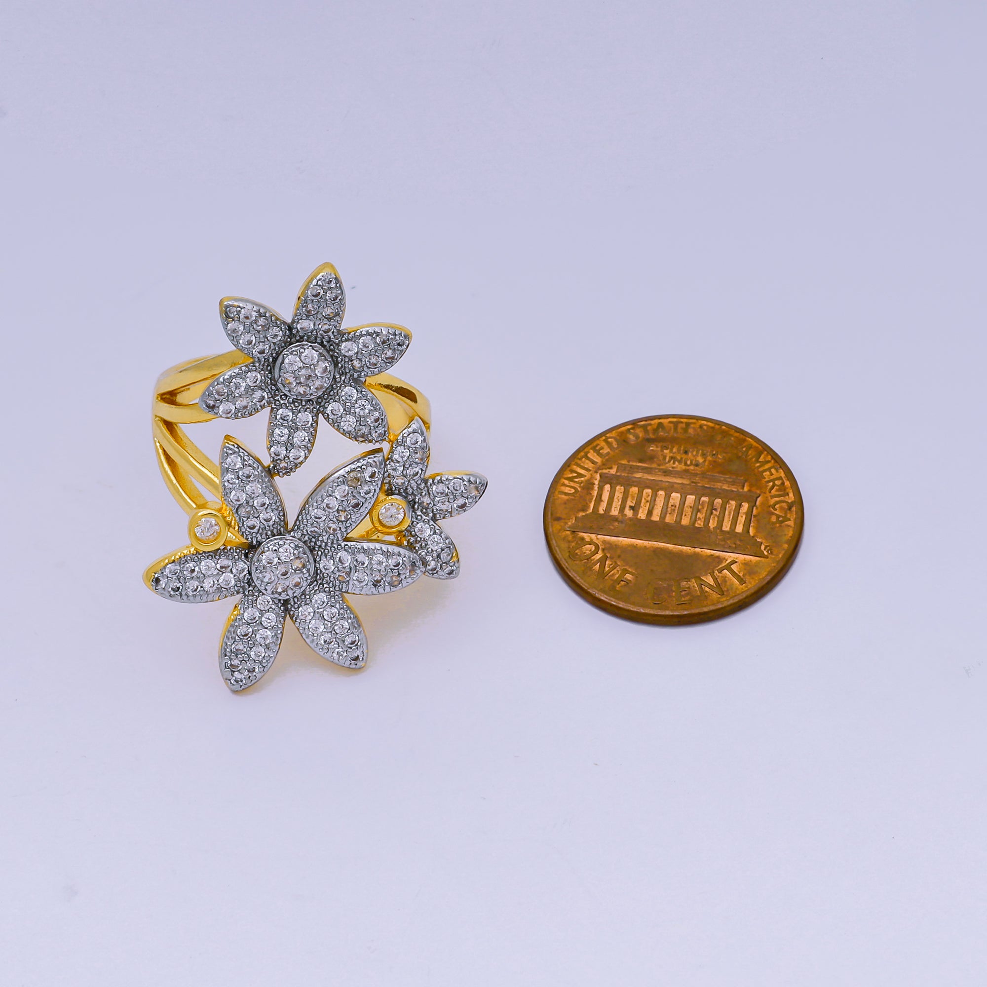 24K Gold Filled Micro Paved CZ Two-Tone Triple Blooming of Flower Adjustable Ring | O-1487