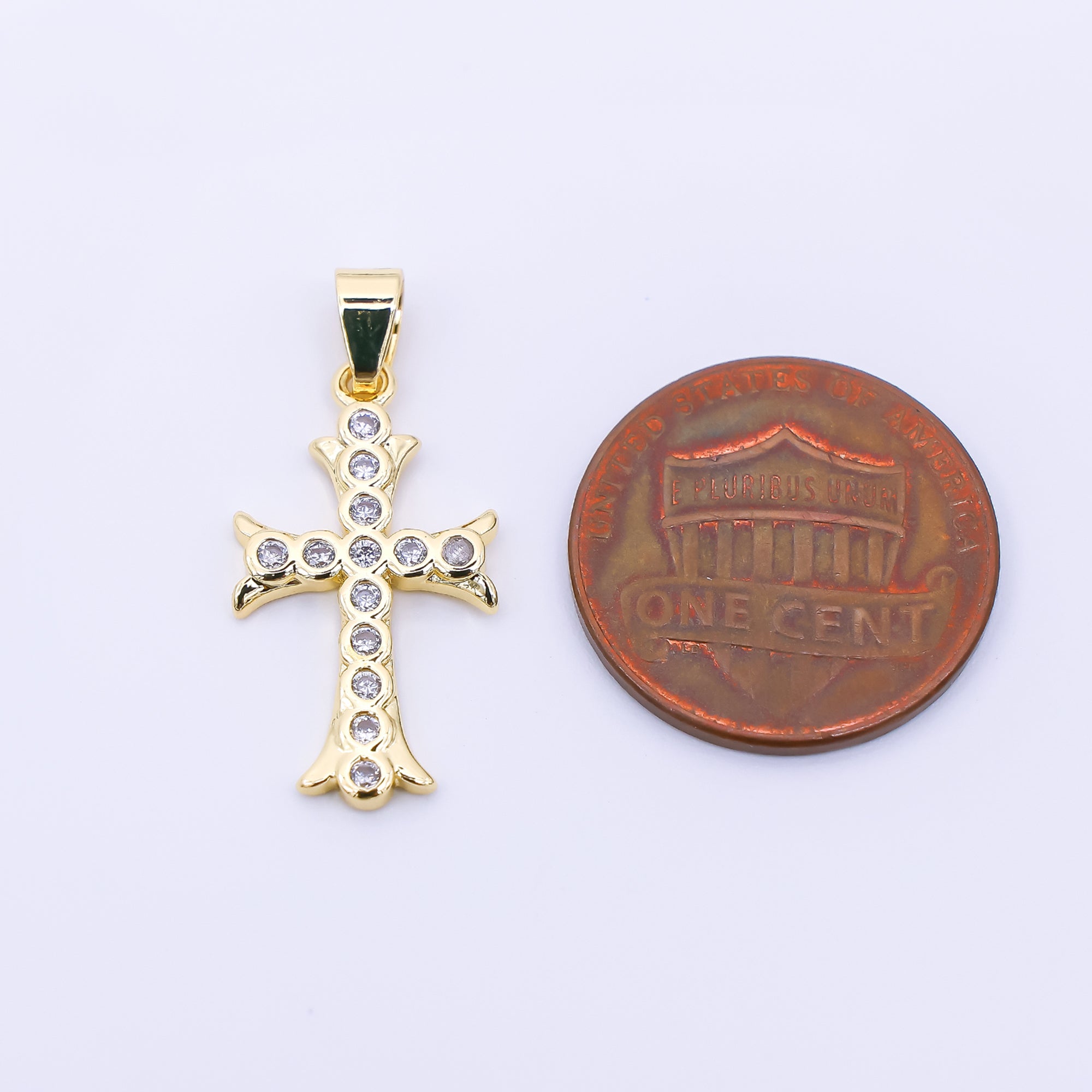 24K Gold Filled 21.5mm Micro Paved CZ Rounded Holy Cross Pendant | AH-536