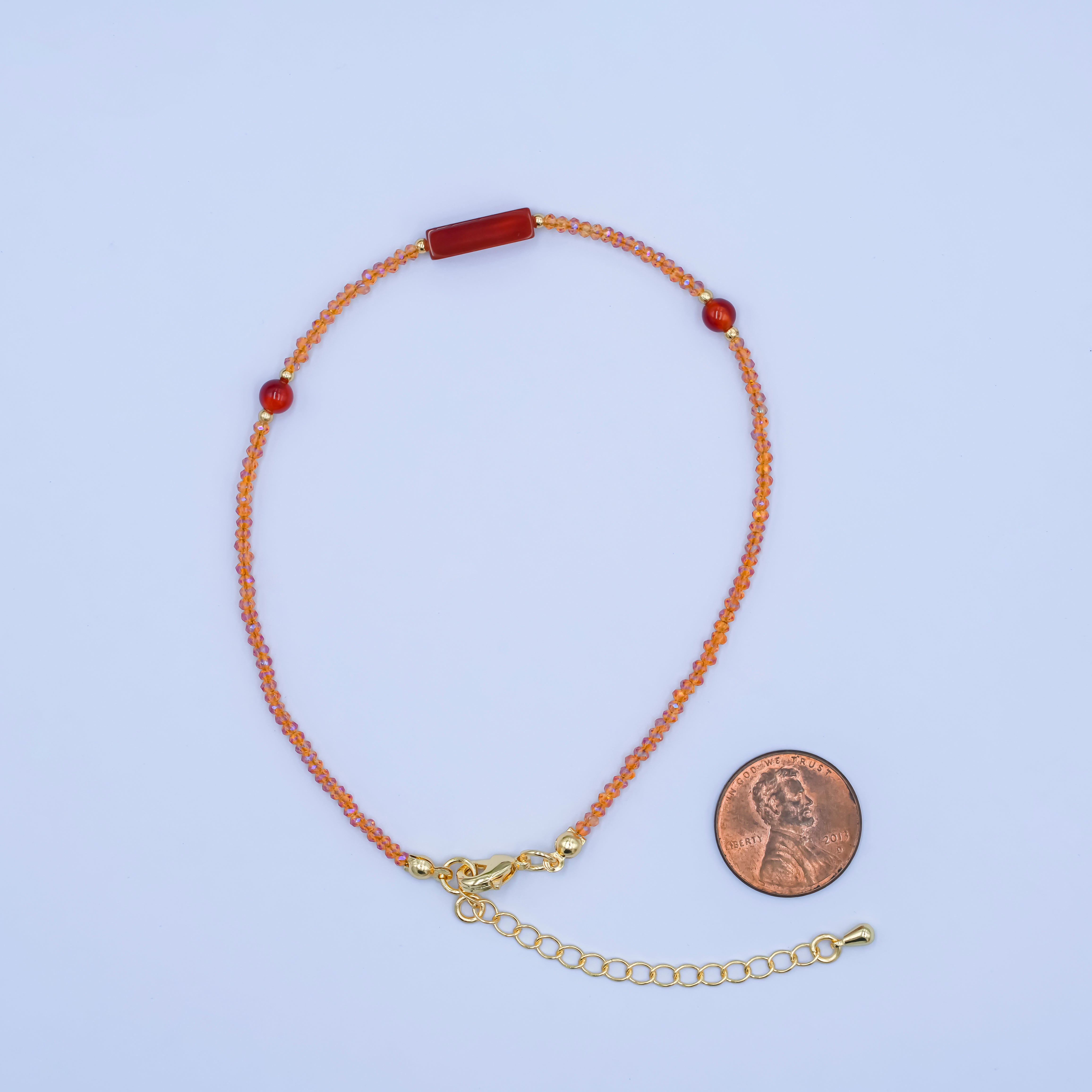 24K Gold Filled 2mm Red Carnelian Multifaceted Gemstone 9 Inch Anklet | WA-2951
