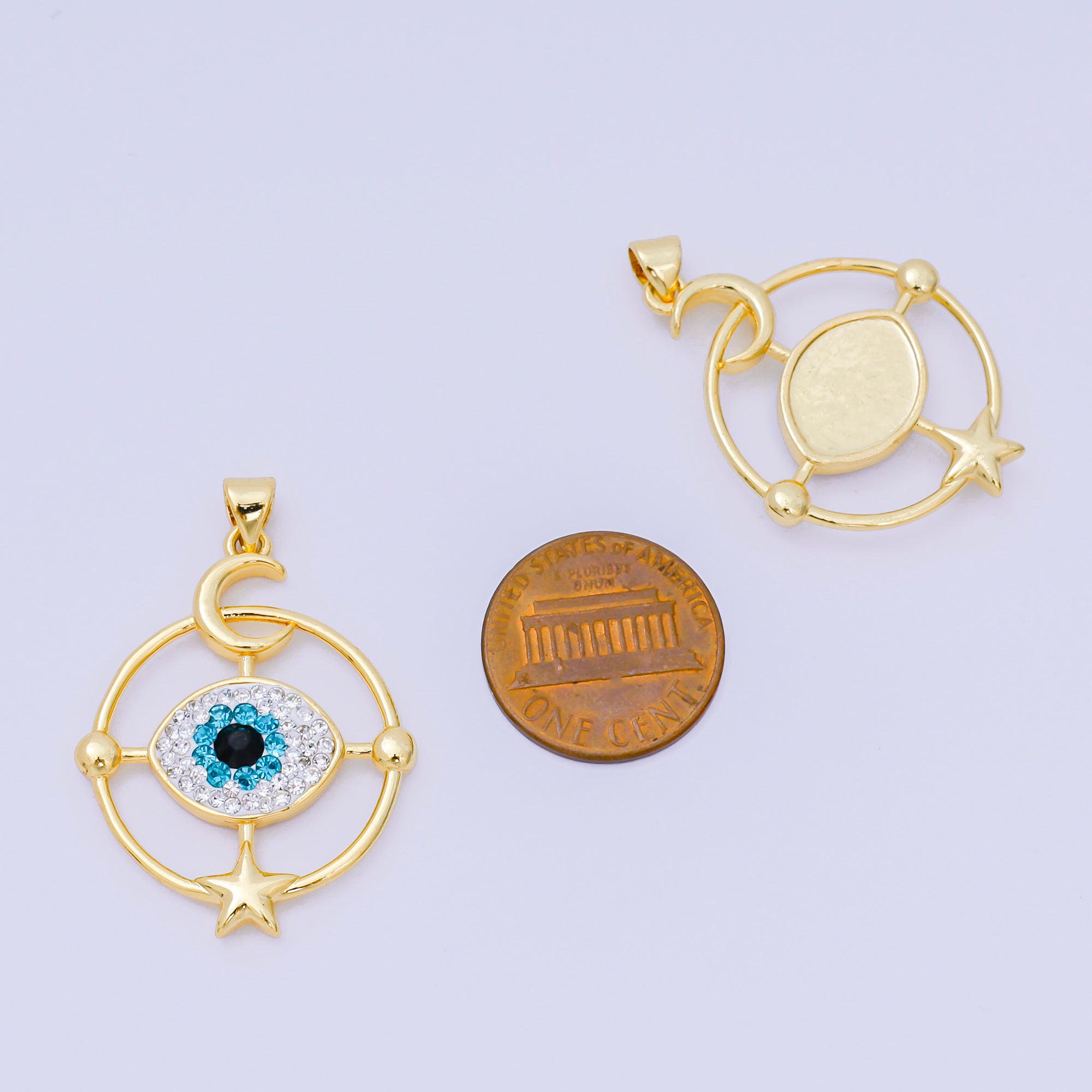 24K Gold Filled 33mm Black, Blue, & Clear CZ Star Moon Evil Eye Charm | AA-1598