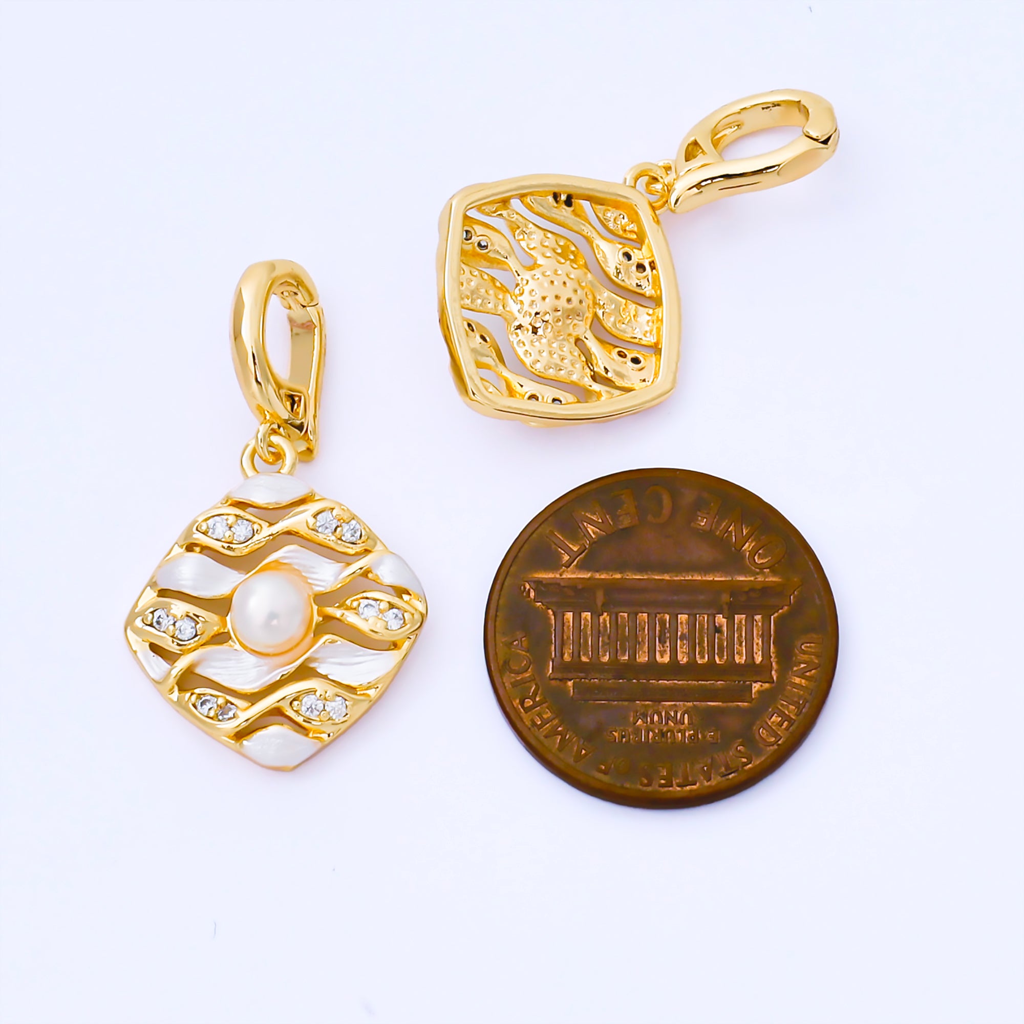 24K Gold Filled 18mm Micro Paved CZ Shell Pearl Wavy Rhombus Tag Pendant | AA1655