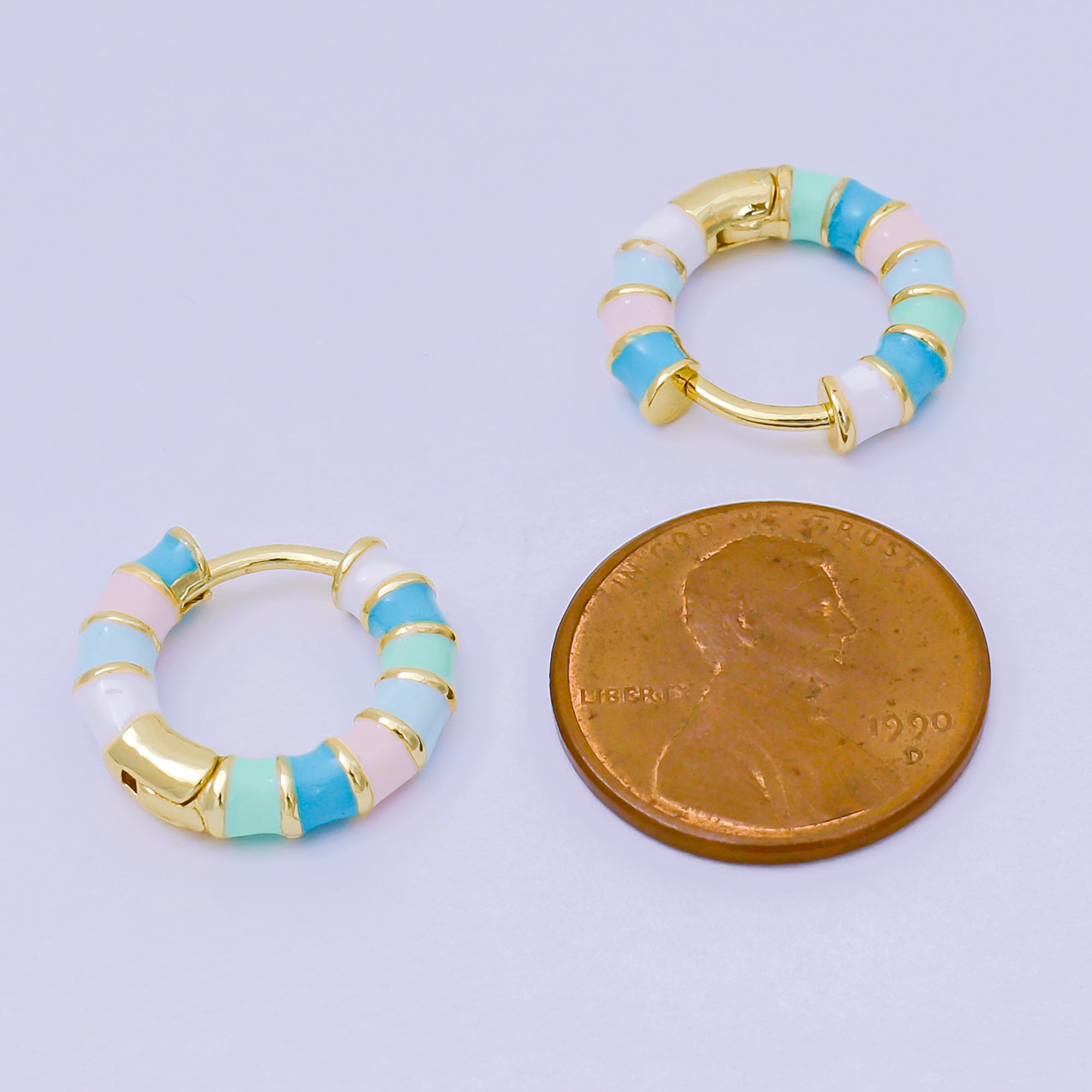 24K Gold Filled Enamel Art Pastel Colorful Candy Stripes Hinged Hoops Earrings | AJ-113 - AJ-115