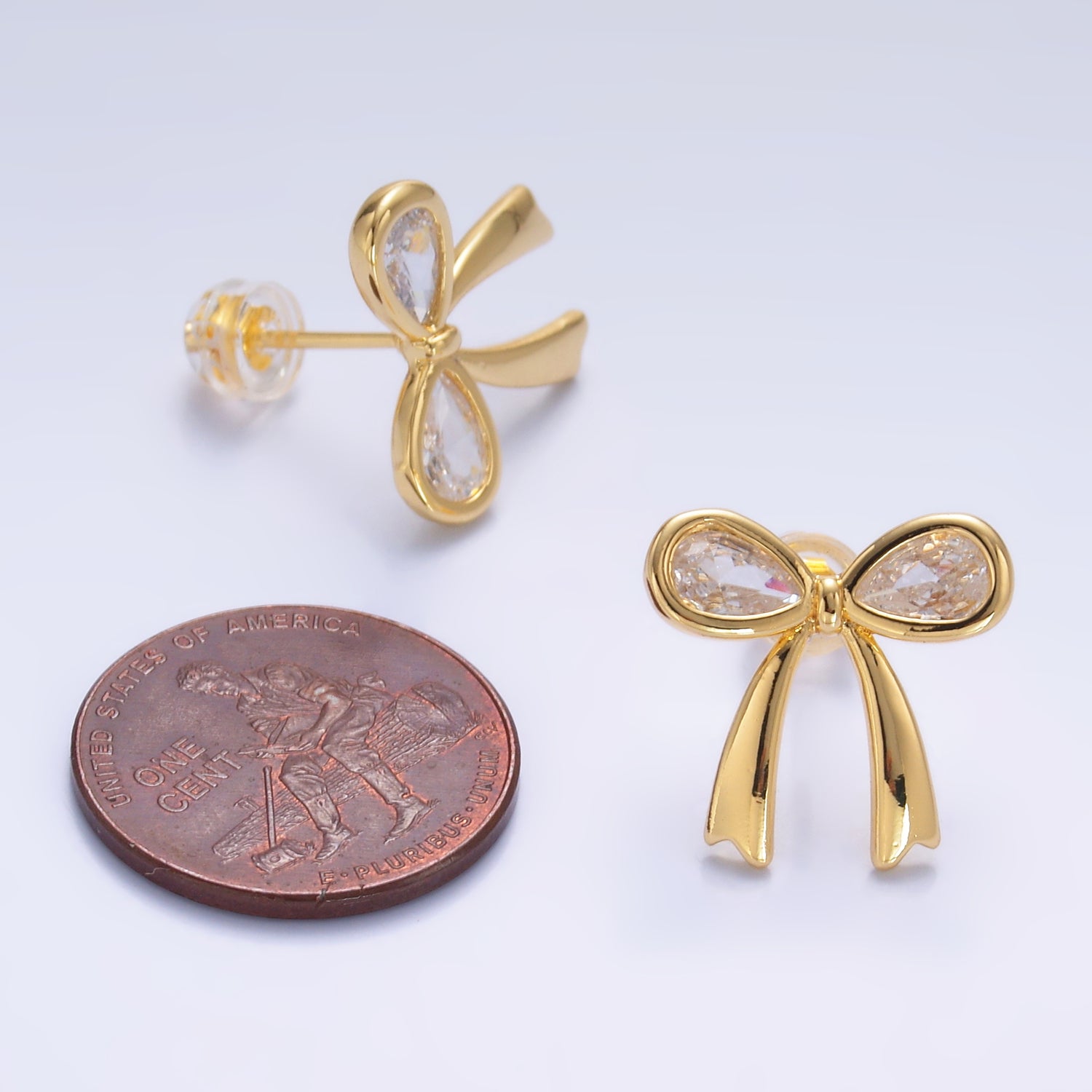 24K Gold Filled Clear CZ Ribbon Bow Stud Earrings | AB871