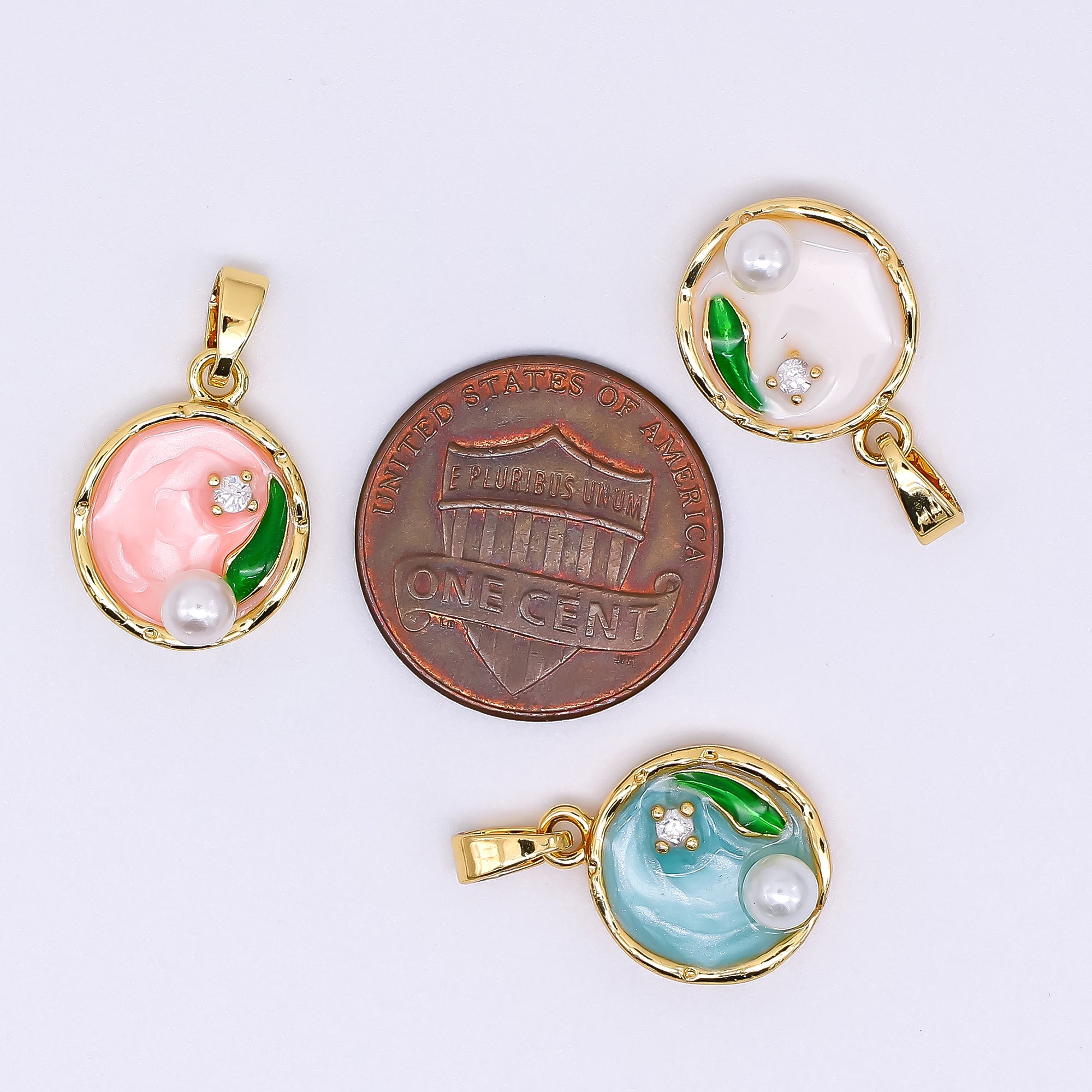 24K Gold Filled 15.5mm Round CZ Enamel Art Shell Pearl Fish Pond Medallion Pendant in Green, Pink, & Purple | AH-504 AH-505