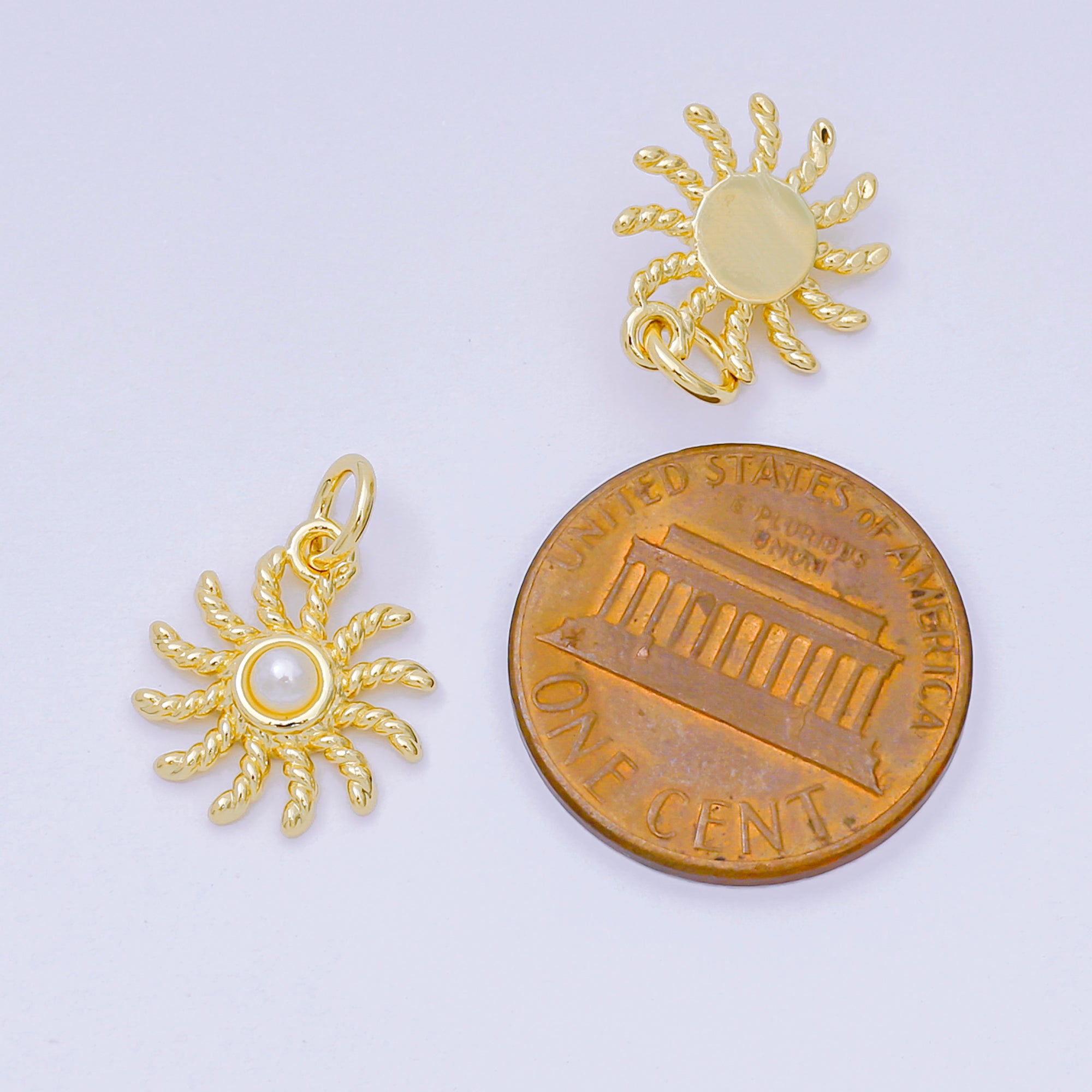 24K Gold Filled 23mm Shell Pearl Twirly Celestial Sun Charm | D-274