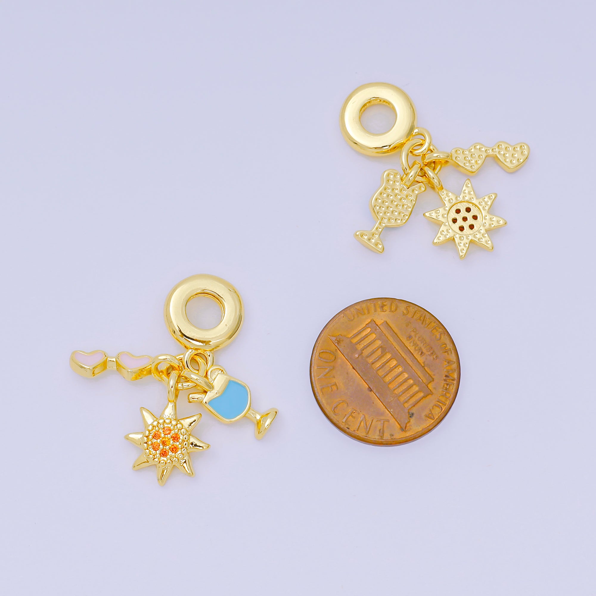 24K Gold Filled 14mm Orange Micro Paved CZ Enamel Art Summer Holiday Set Charm in Glasses, Drink, & Sun Rhondelle Drop Pendant | D-893