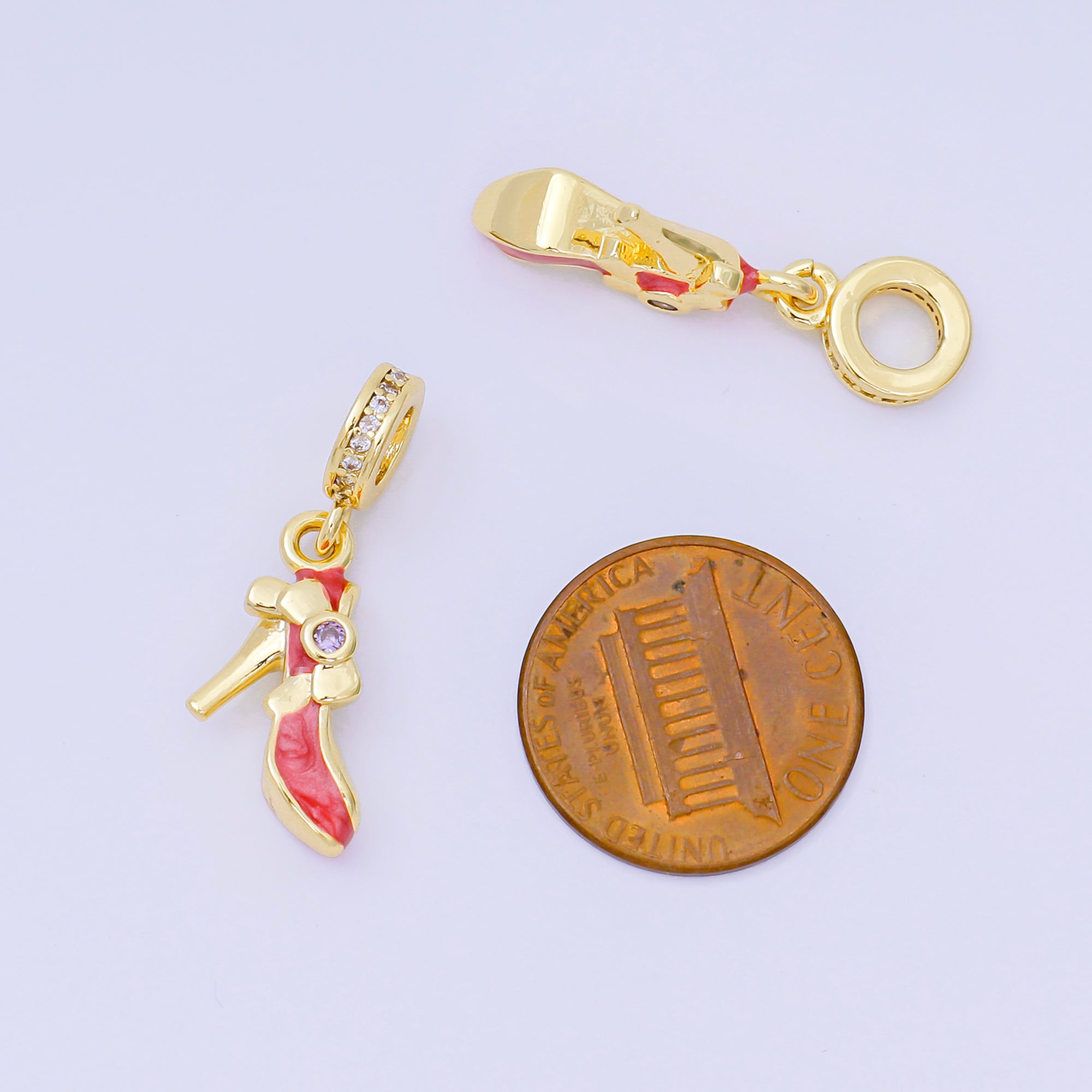 24K Gold Filled 13mm Round CZ Enamel Art Red Highheels Shoe Charm Rhondelle Drop Pendant| D-813