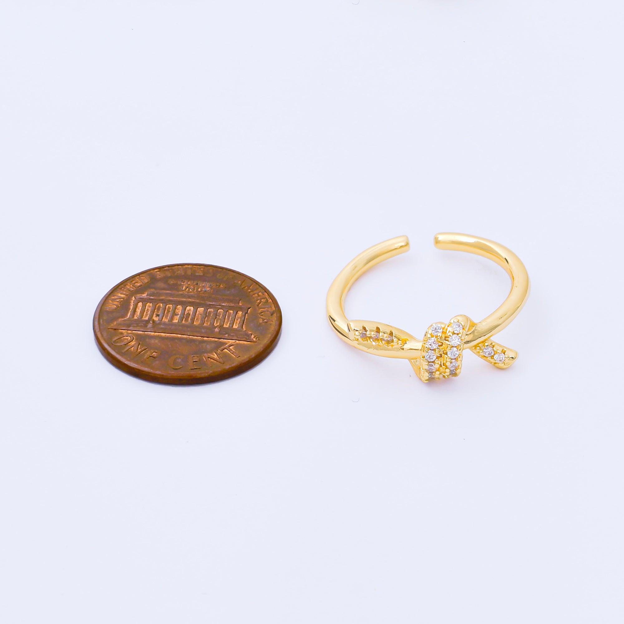 24K Gold Filled Micro Paved CZ Twisted & Tied Bow Adjustable Ring | O2233