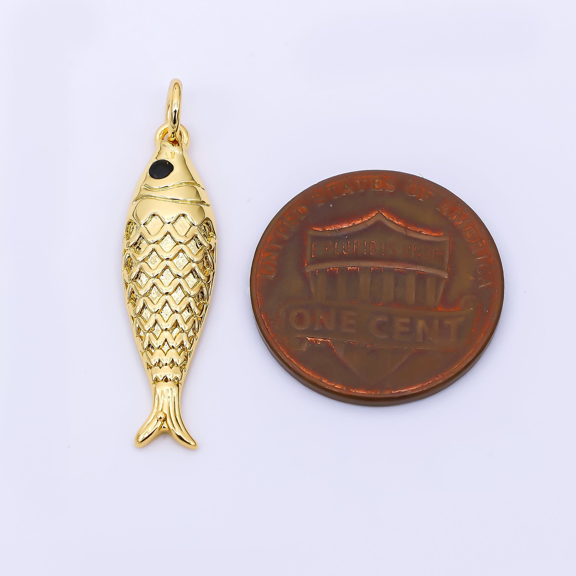 24K Gold Filled 26mm Black Round CZ Koi Gold Fish Charm | AJ-388