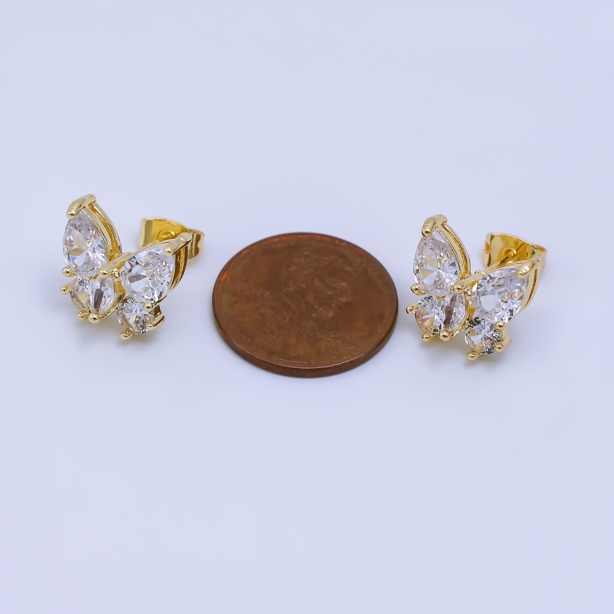 24K Gold Filled Clear Teardrop, Marquise & Round CZ Clear Butterfly Stud Earrings | AJ-043