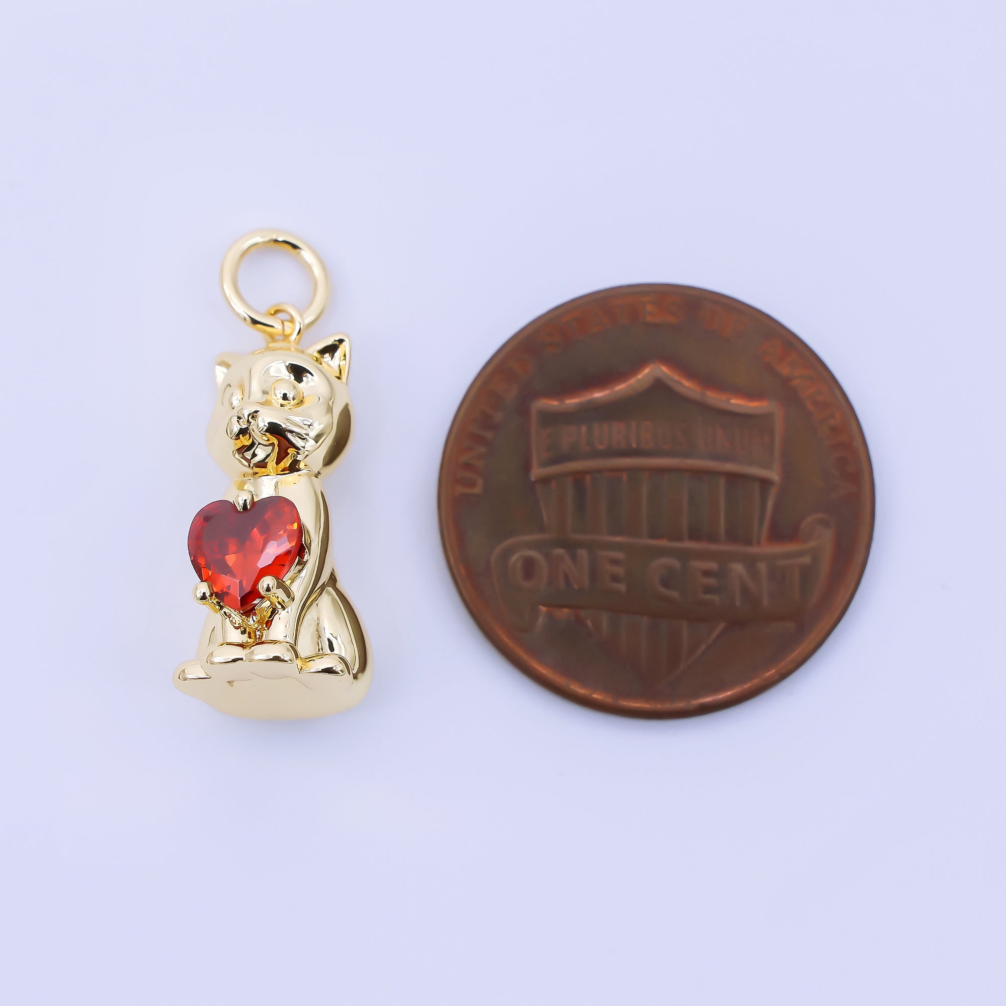 24K Gold Filled 17.5mm Red Heart-Shaped CZ Kitty Cat Pet Charm | AJ398