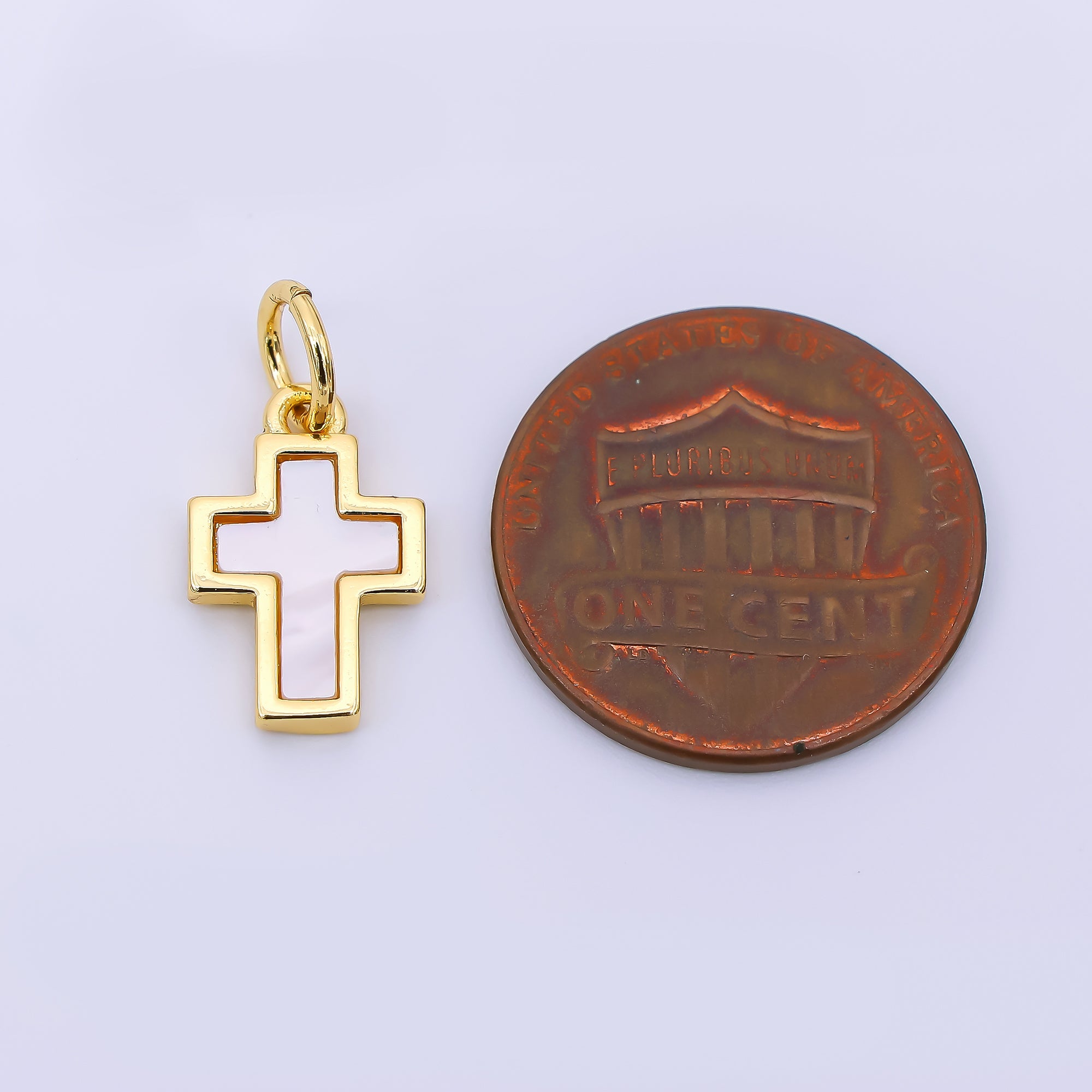 24K Gold Filled 14mm Mother of Pearl Art Holy Christian Cross Charm | AH-564