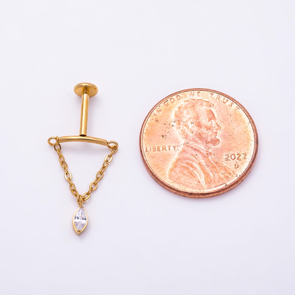Titanium 18mm Marquise CZ Curved Chain Drop Cartilage Piercing Flat Back Stud | BJ-00282