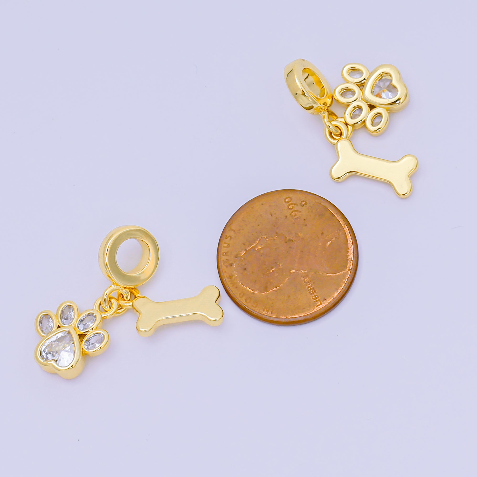24K Gold Filled 12.5mm Oval & Heart CZ Dog Pet Set Charm in Paw & Bone | AH-648