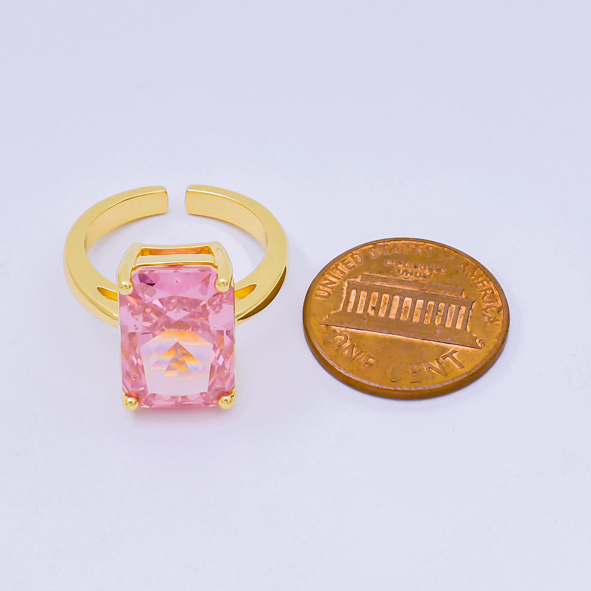 24K Gold Filled Pink & Clear Rectangular CZ Statement Solitaire Adjustable Ring | O-1035 O-1059