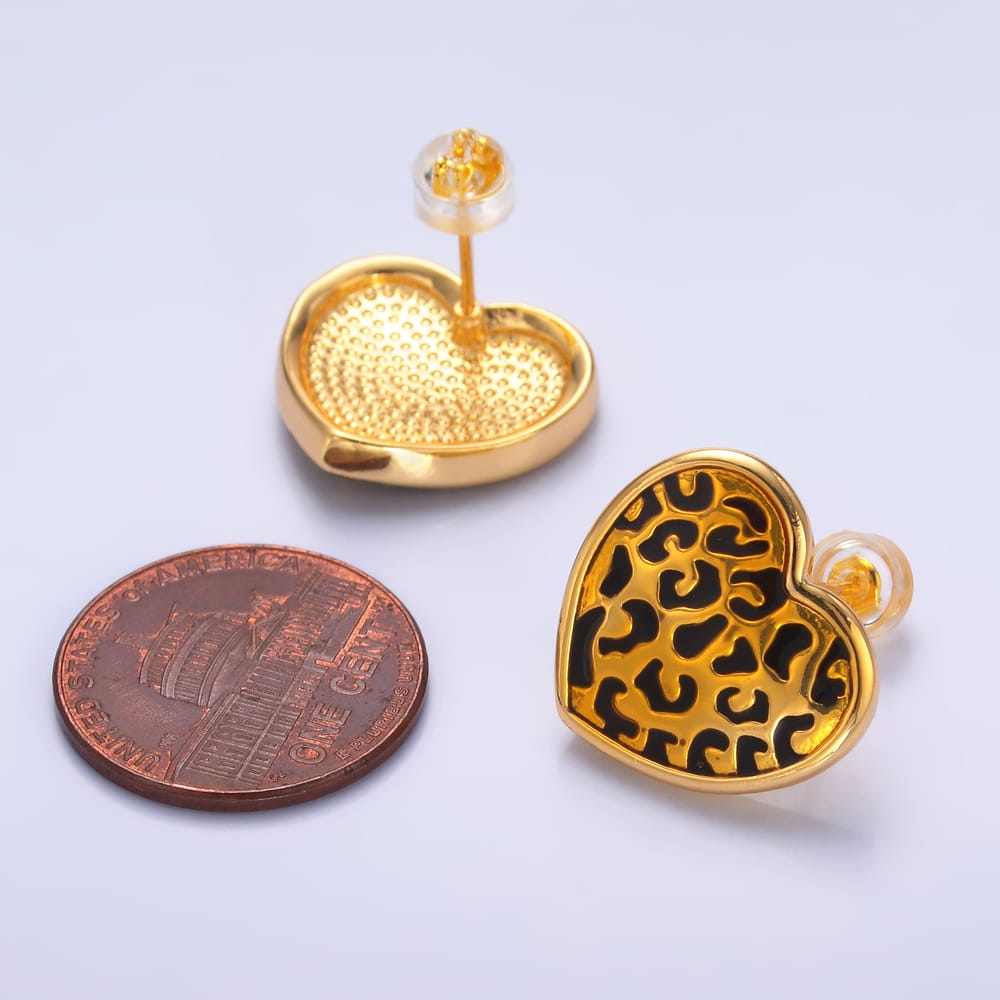 24K Gold Filled Cheetah Print Heart Animal Print Stud Earrings | AB853
