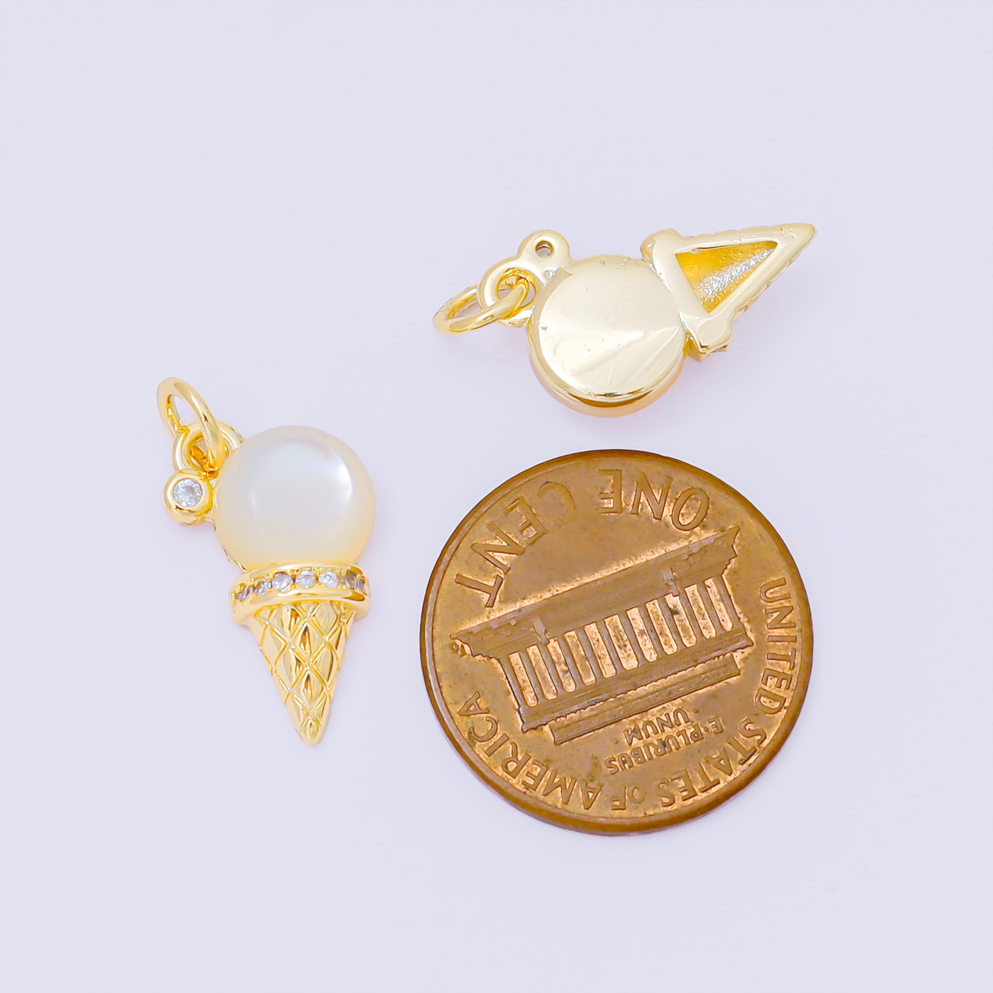 24K Gold Filled 16mm Micro Paved CZ Sweet Ice Cream Shell Pearl Charm | M912
