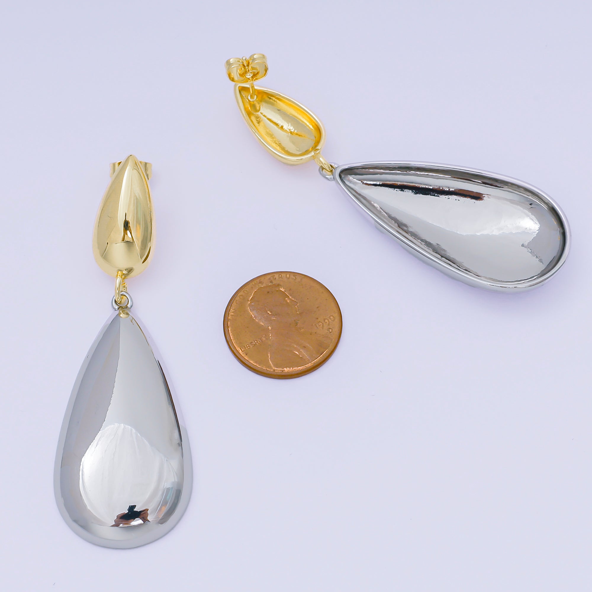 24K Gold Filled Grey Enamel Art Double Teardrop Stud Earrings | AJ-110