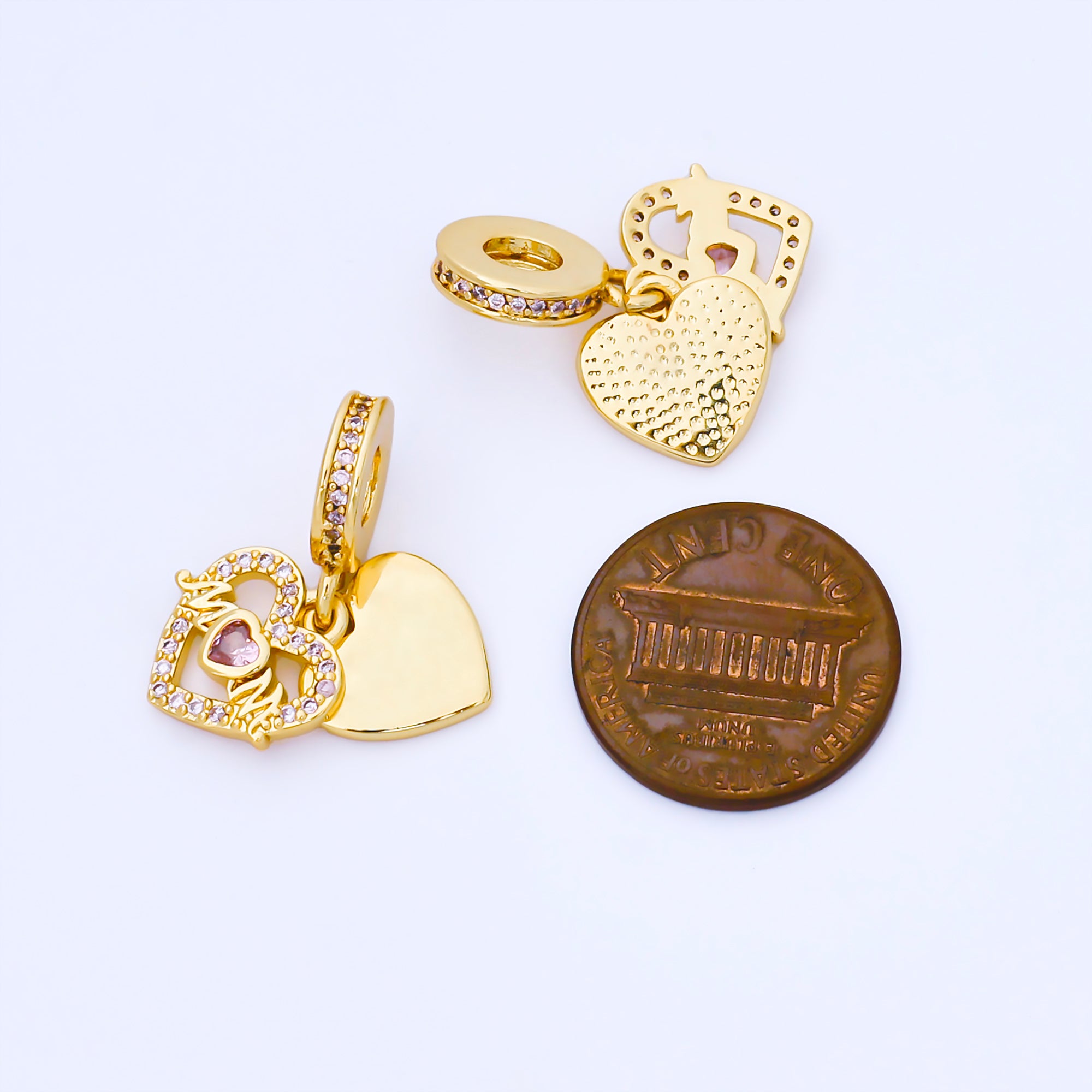 24K Gold Filled "MOM" Double Heart Pink Micro Paved CZ Rondelle Drop Pendant | AF1569