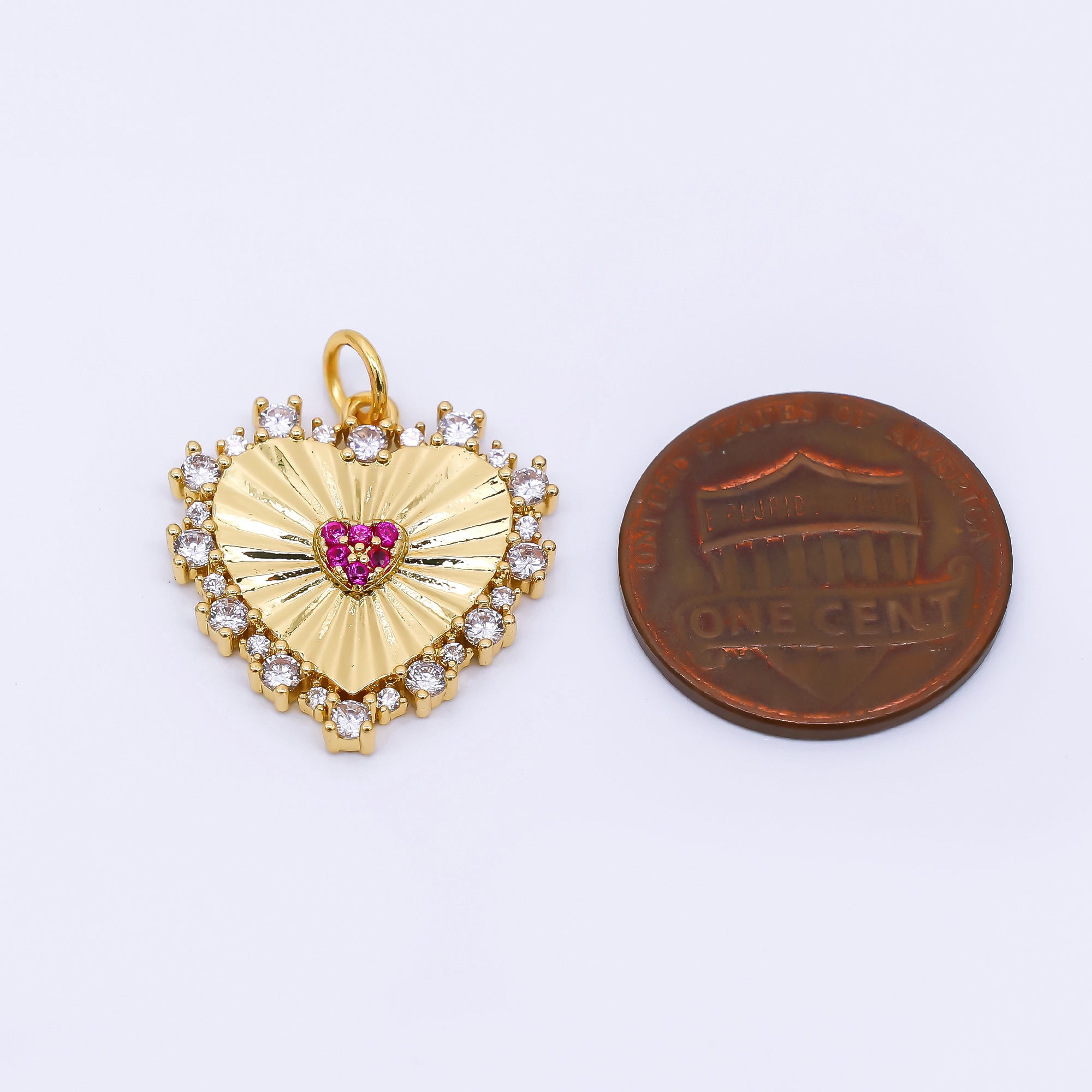 24K Gold Filled 20mm Clear & Fuchsia CZ Royal Heart Charm | AH-554