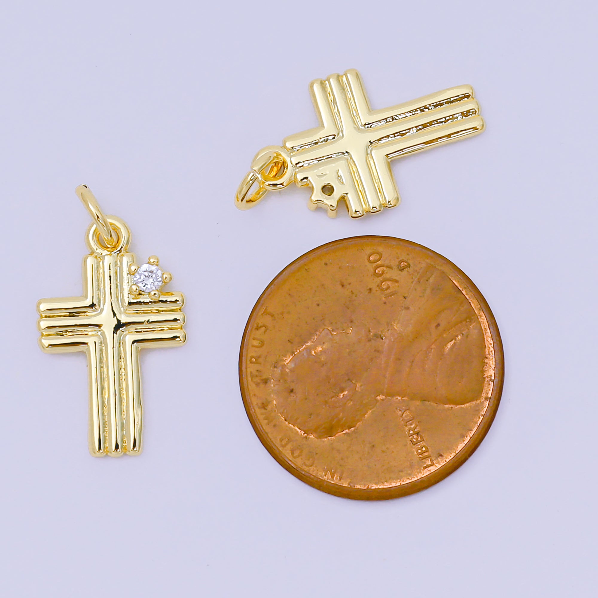24K Gold Filled 17mm Round Clear CZ Groovy Holy Cross Christian Charm | AH-639