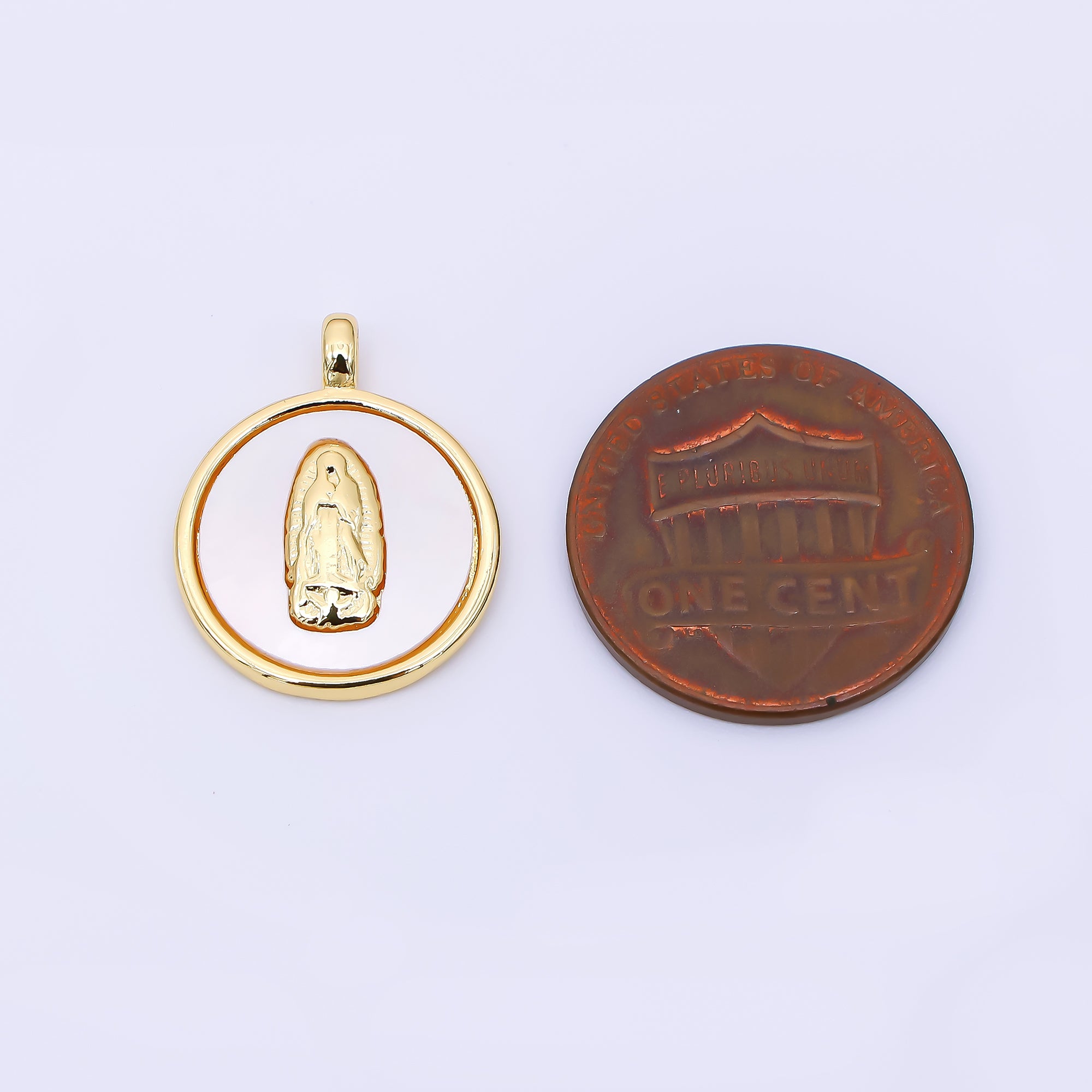 24K Gold Filled 19mm Mother of Pearl Art Lady Guadalupe Virgin Mary Charm | AH-567