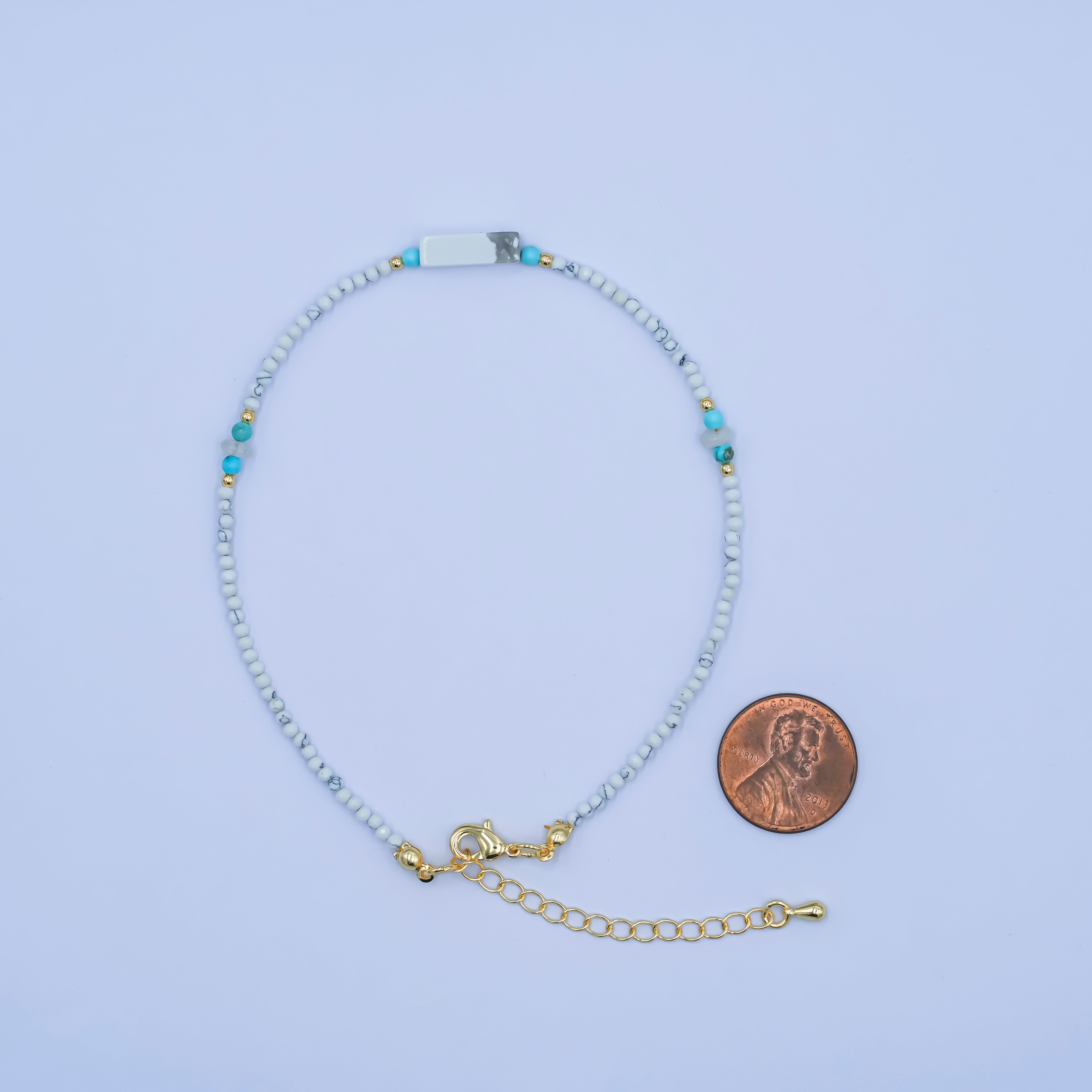 24K Gold Filled 2mm Blue Turquoise Howlite Gemstone 9.5 Inch Anklet | WA-2952