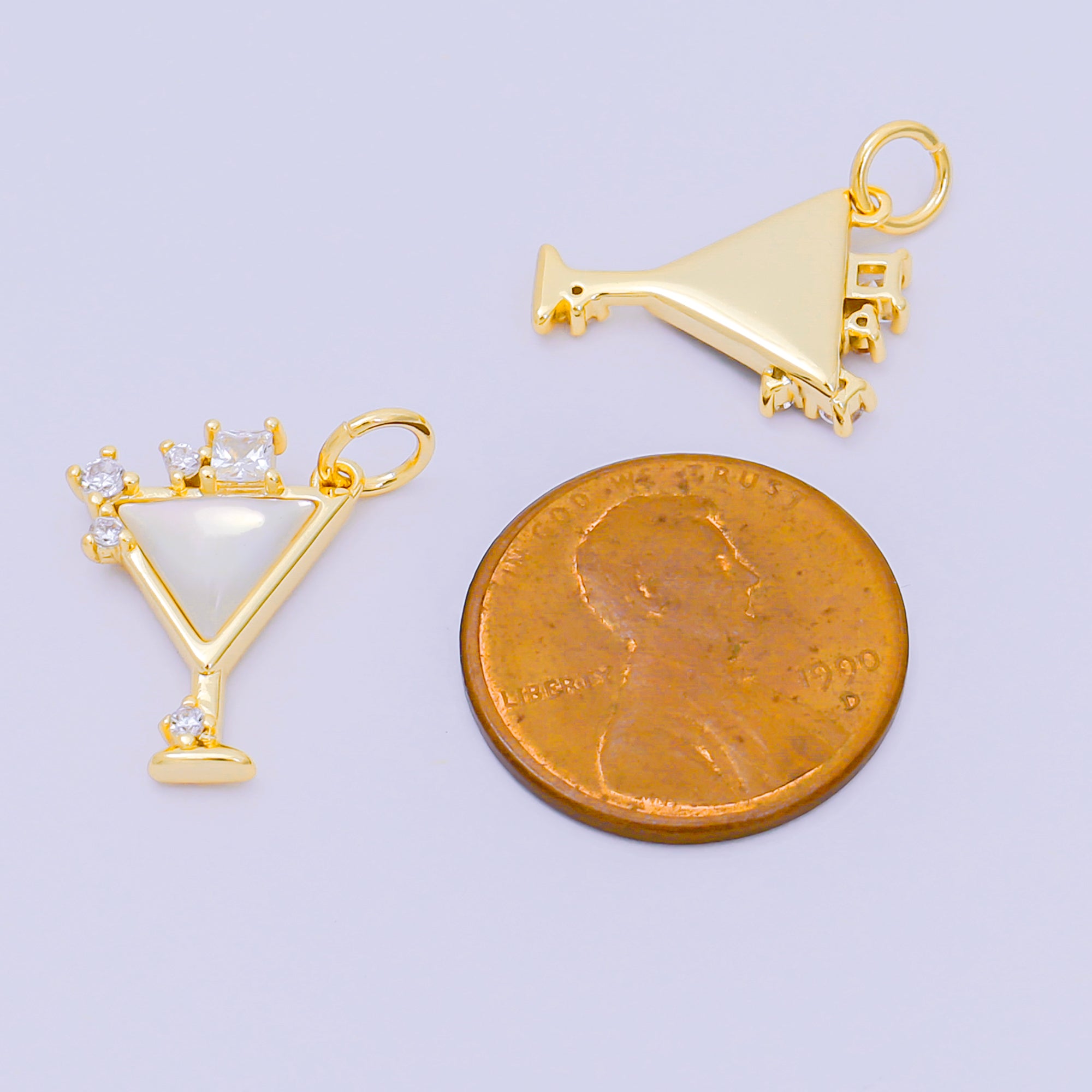 24K Gold Filled 16.5mm Round & Square CZ Mother of Pearl Cocktail Ice Glass Charm | M-248