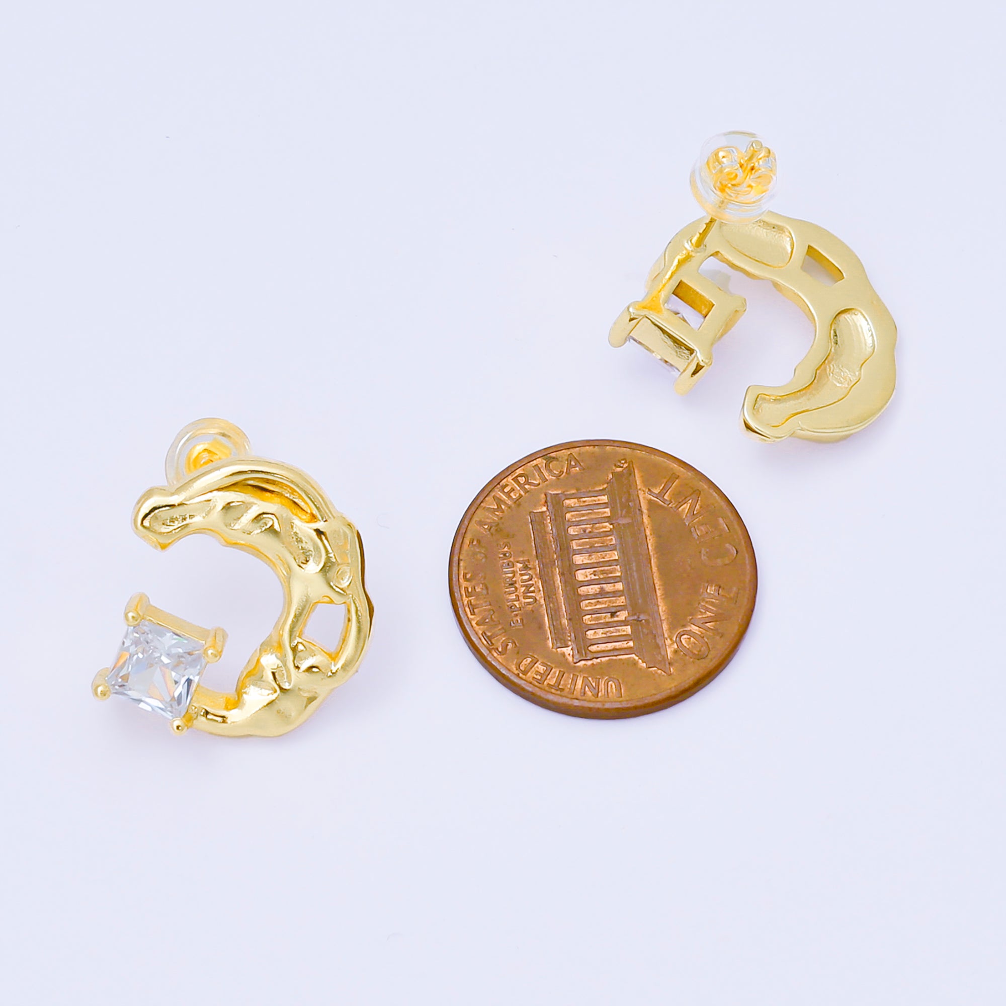 24K Gold Filled Molten Crescent Moon Square CZ Studs Earrings | AI445