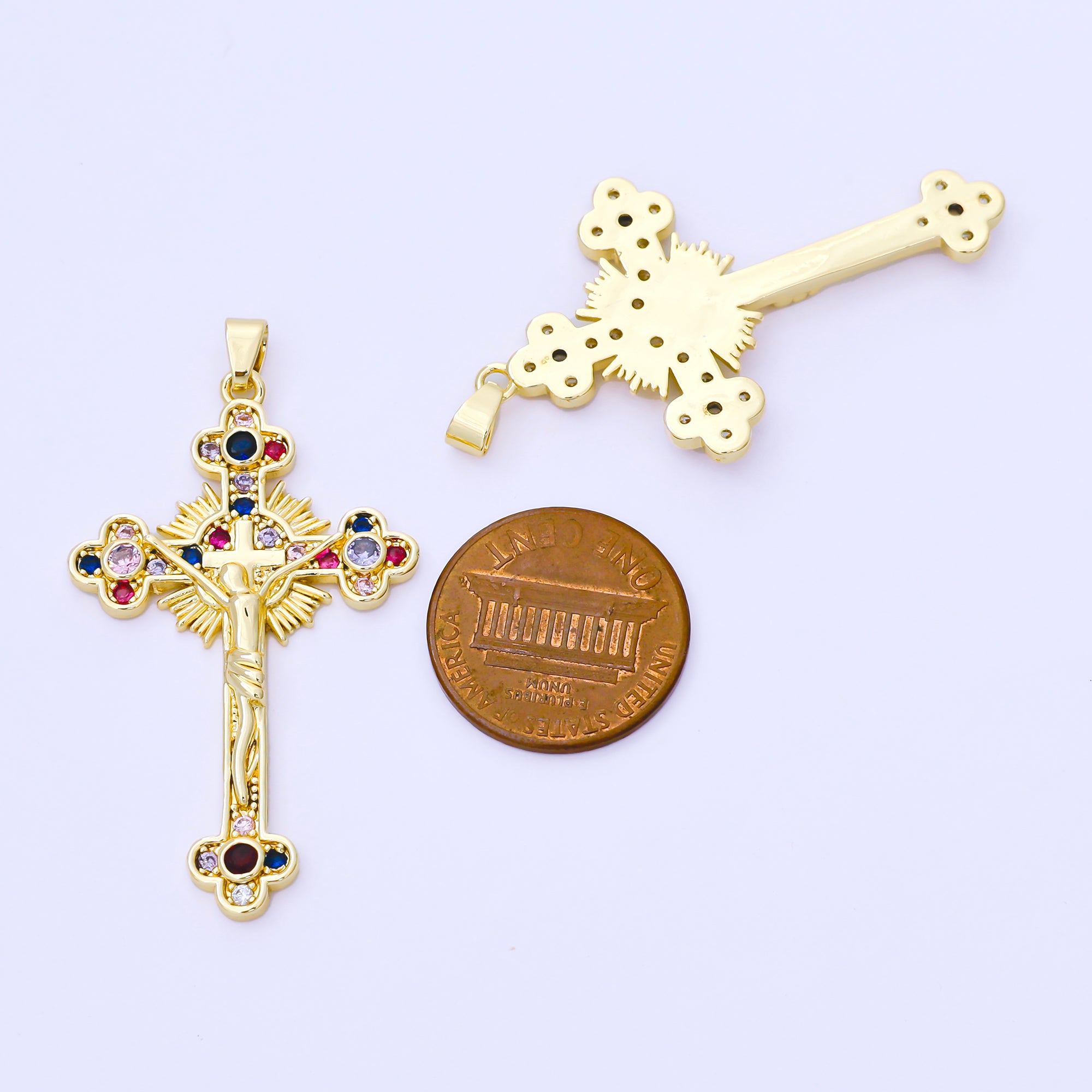 24K Gold Filled 43mm Fuchsia, Pink, Blue Micro Paved CZ Christian Religious Cross Pendant | AA1568