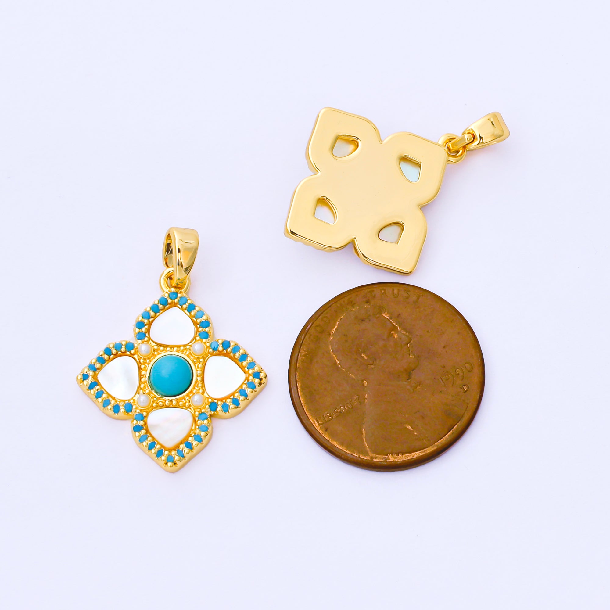 24K Gold Filled 20.5mm Blue Micro Paved CZ Mother of Pearl 4-Leaf Lucky Clover Charm | AA1650