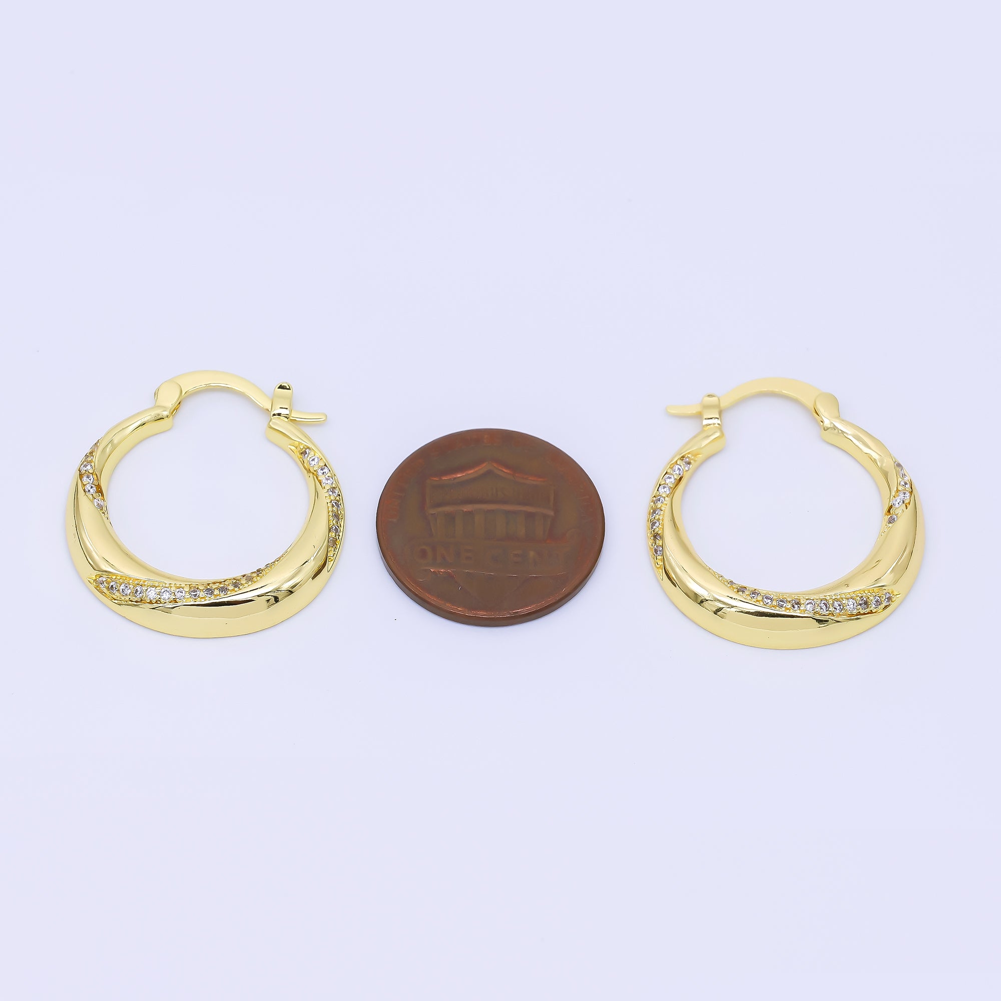 24K Gold Filled Micro Paved CZ Twisted Dome French Lock Latch Hoop Earrings | AB1593