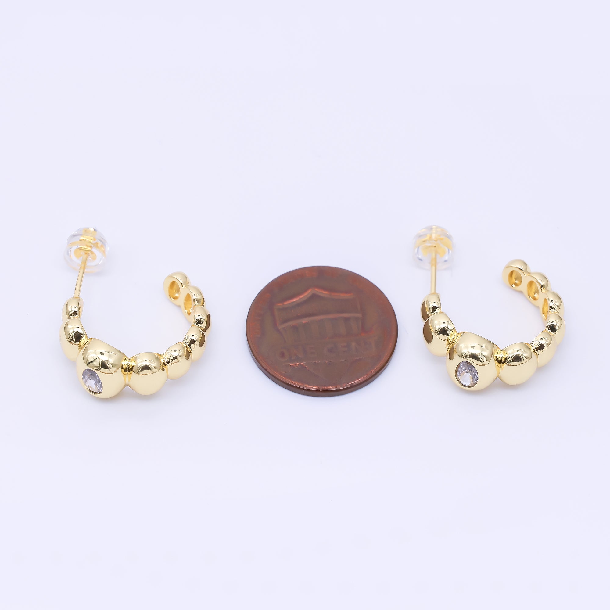 24K Gold Filled 18mm CZ Beaded Bubble C-Shaped Hoop Earrings | AI469