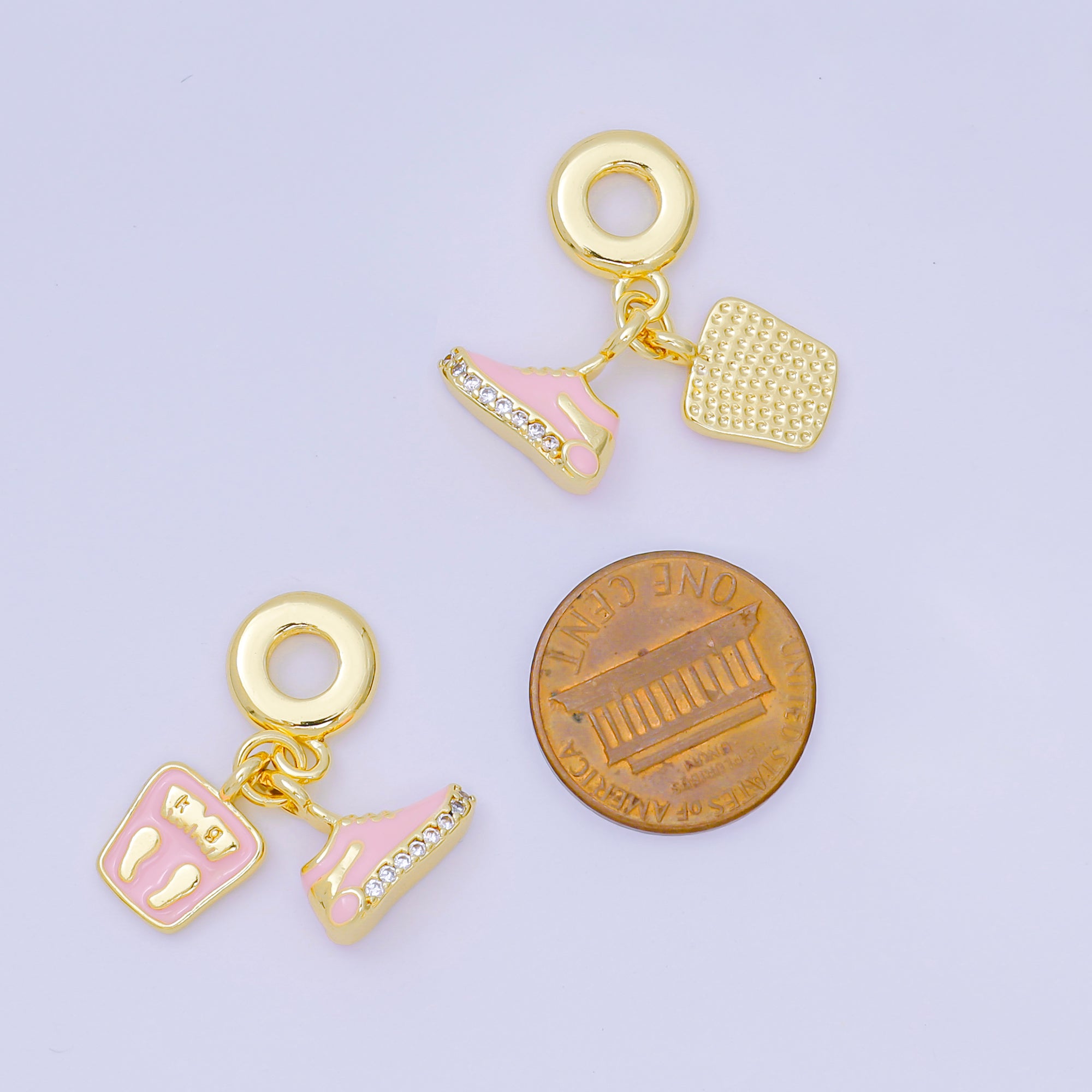 24K Gold Filled 14mm Micro Paved CZ Pink Enamel Art Set Charm in Pink Sneakers & Weight Scale Rhondelle Drop Pendant | M-053