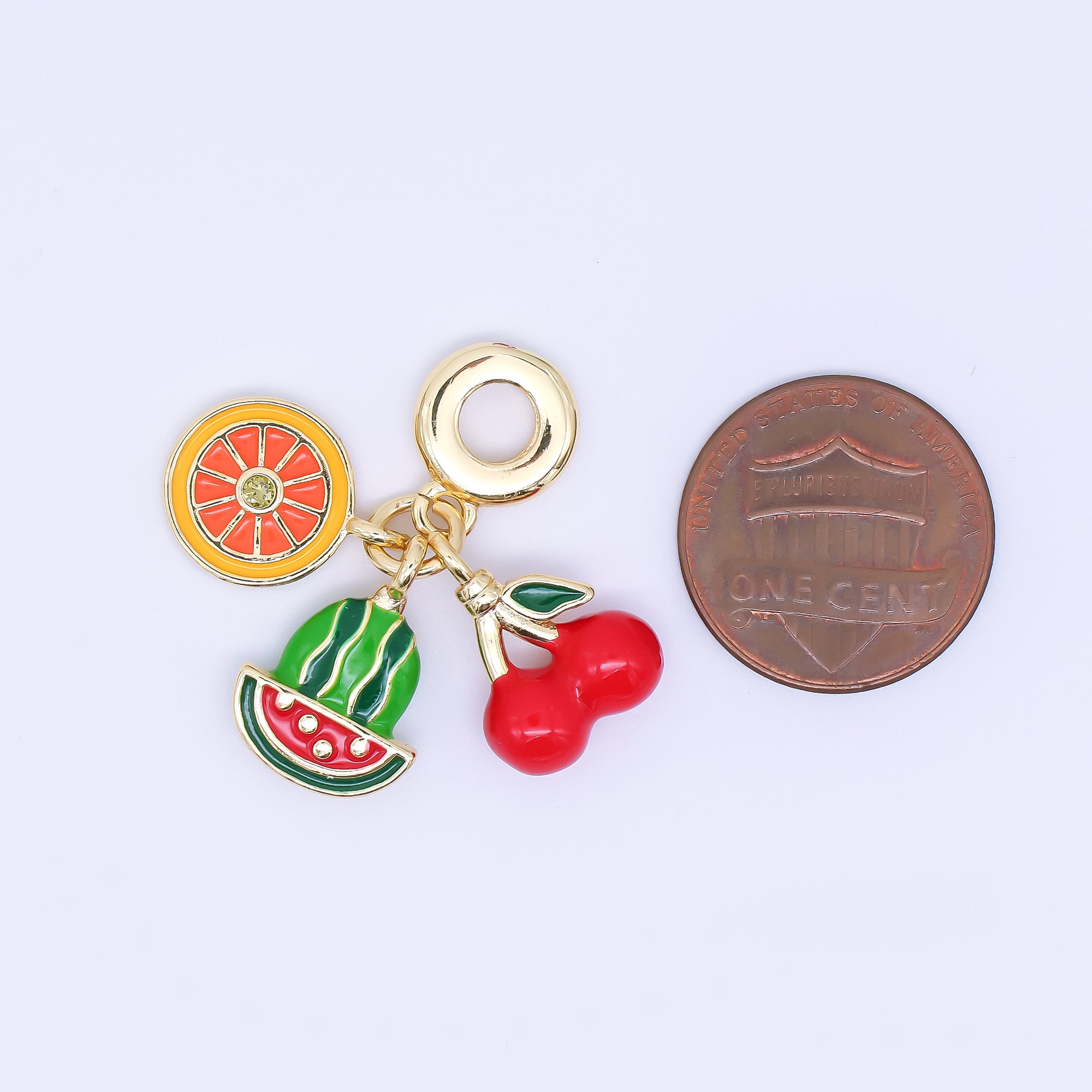 24K Gold Filled Orange Watermelon Cherry Fruit Enamel Drop Rondelle Charm | AC1639