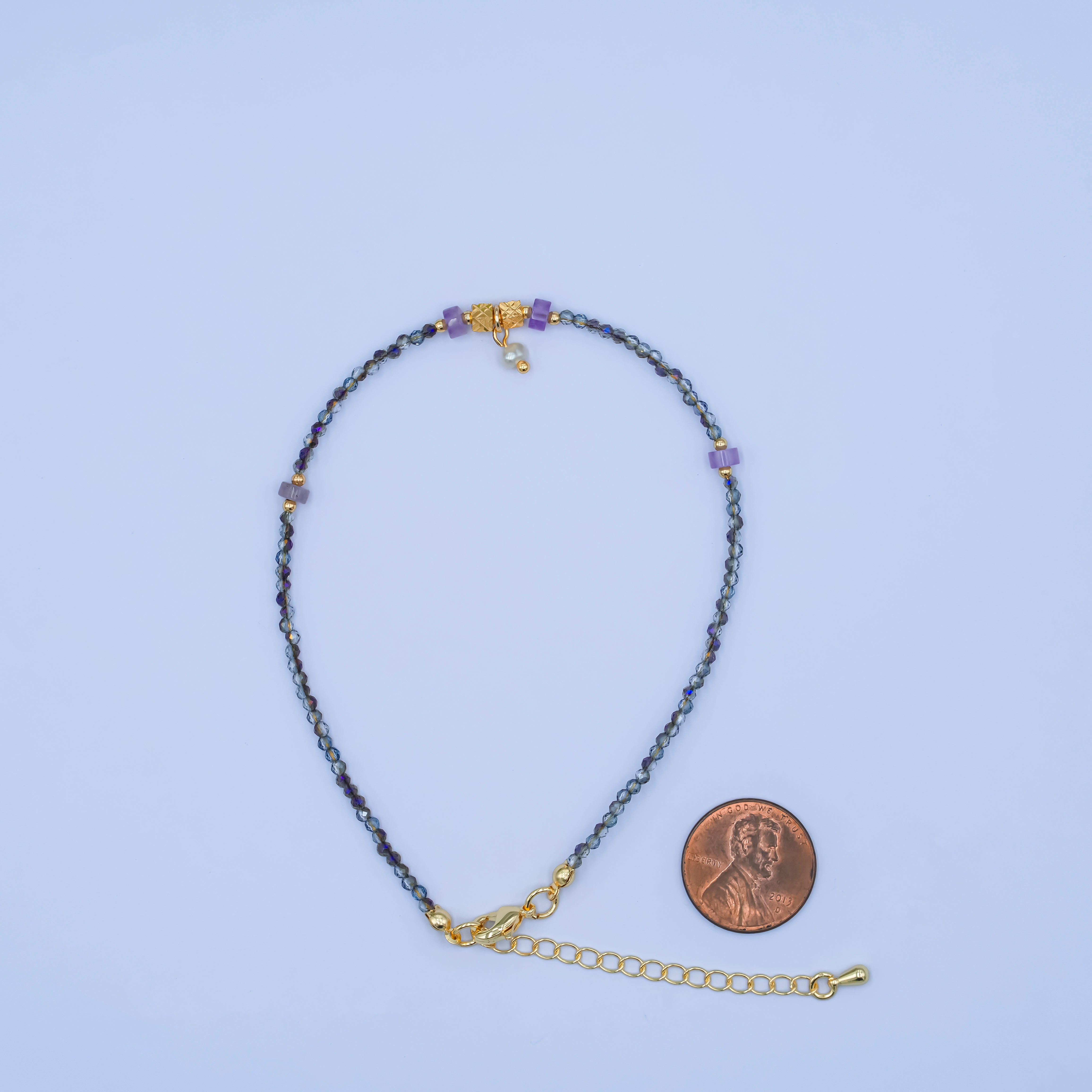 24K Gold Filled 2mm Shell Pearl Dark Multifaceted Gemstone 9 Inch Anklet | WA-2953