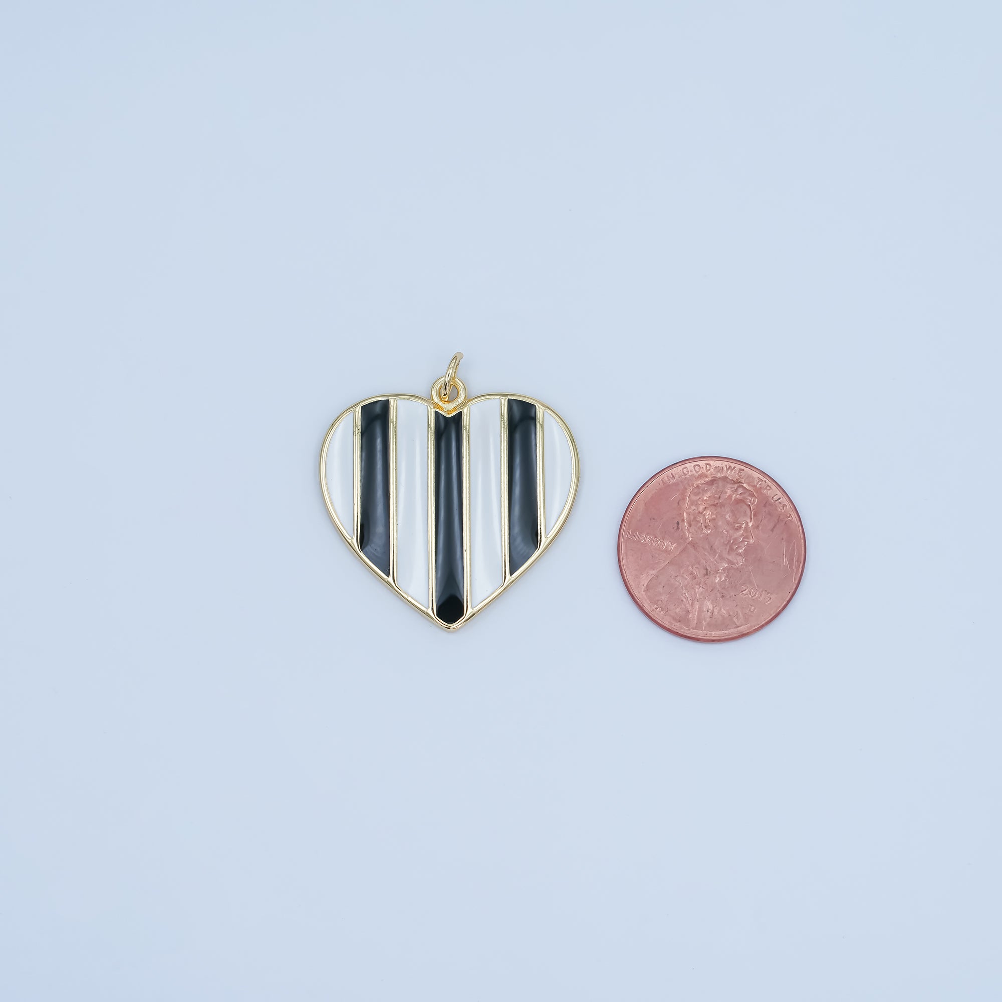 24K Gold Filled 26.5mm Black-and-White Striped Enamel Heart Charm | C050