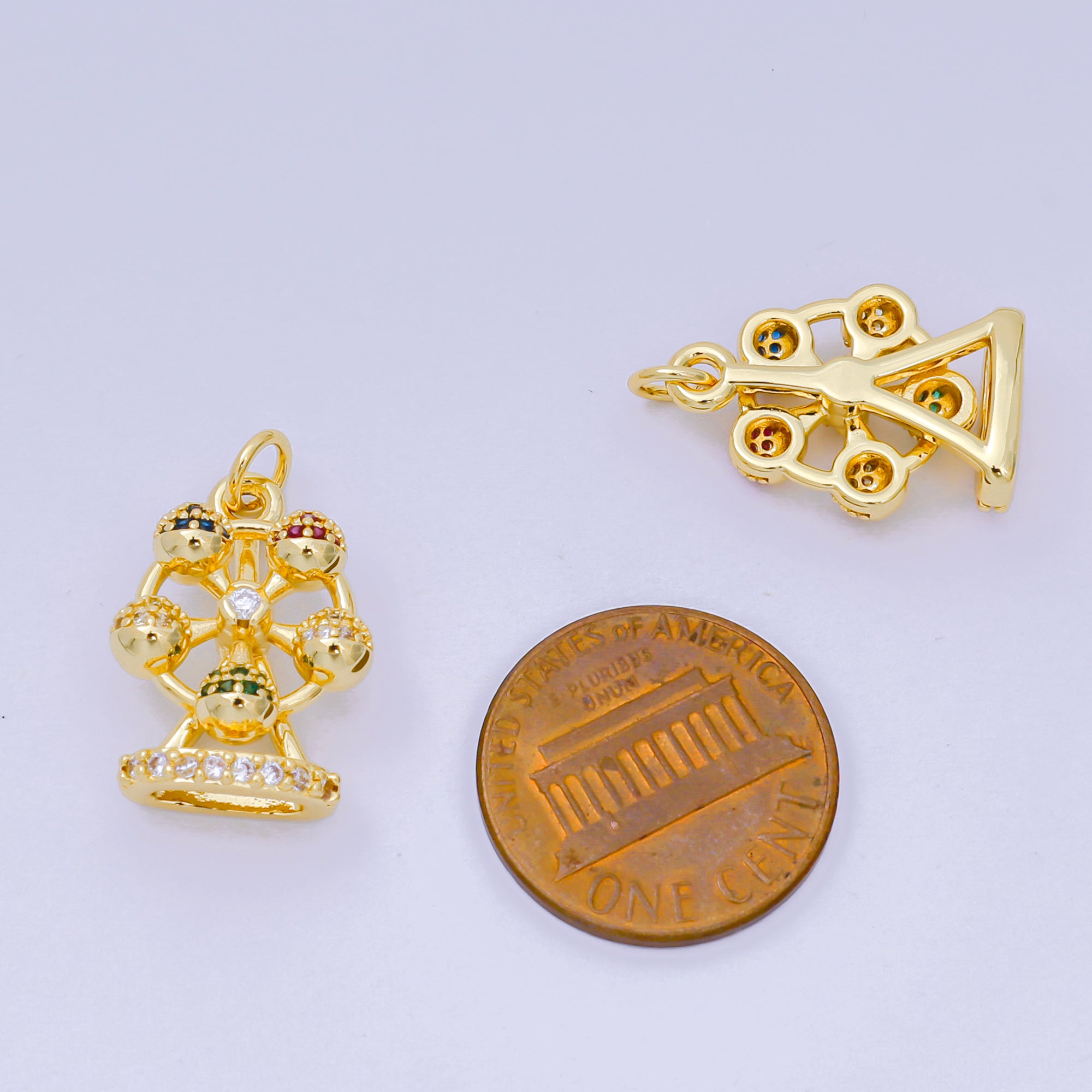 24K Gold Filled 19mm Emerald Green, Blue & Purple CZ Ferris Wheel Carnival Park Charm | D-253