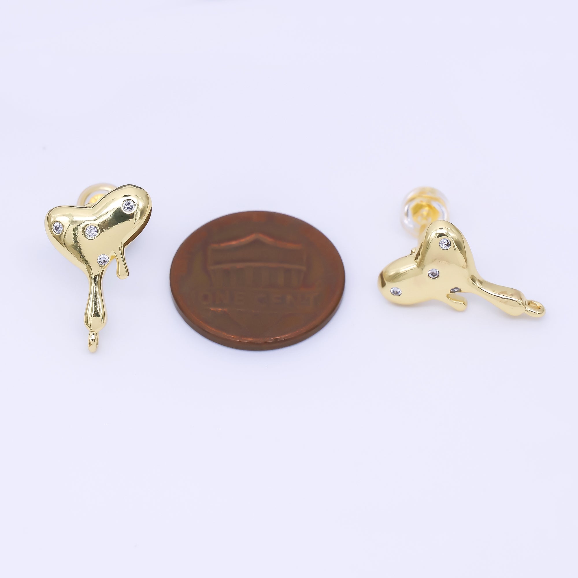 24K Gold Filled Clear CZ Dotted Molten Heart Drop Stud Earring Findings | Z1272