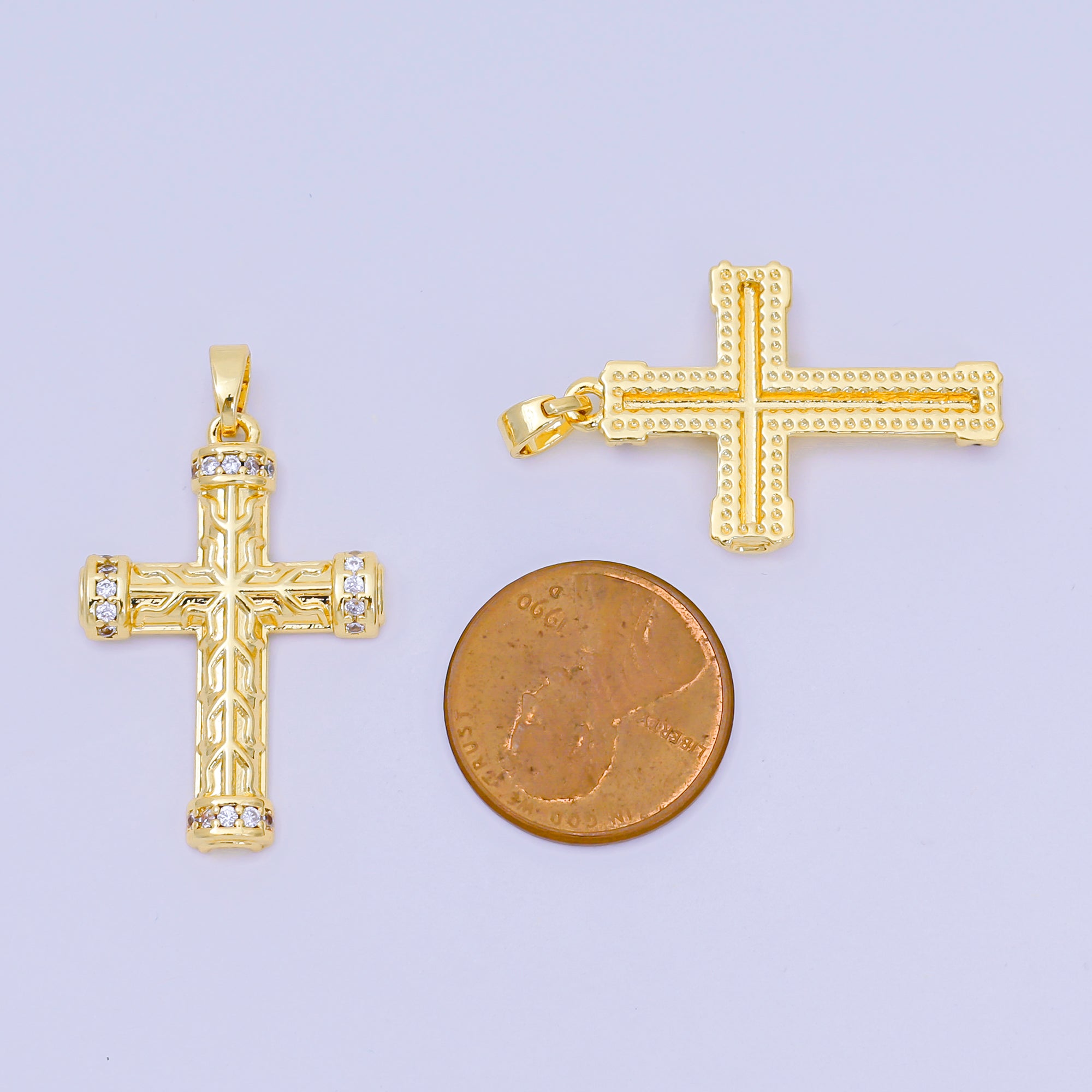 24K Gold Filled 29mm Micro Paved CZ Luxuriant Textured Holy Cross Christian Charm | AA-1597