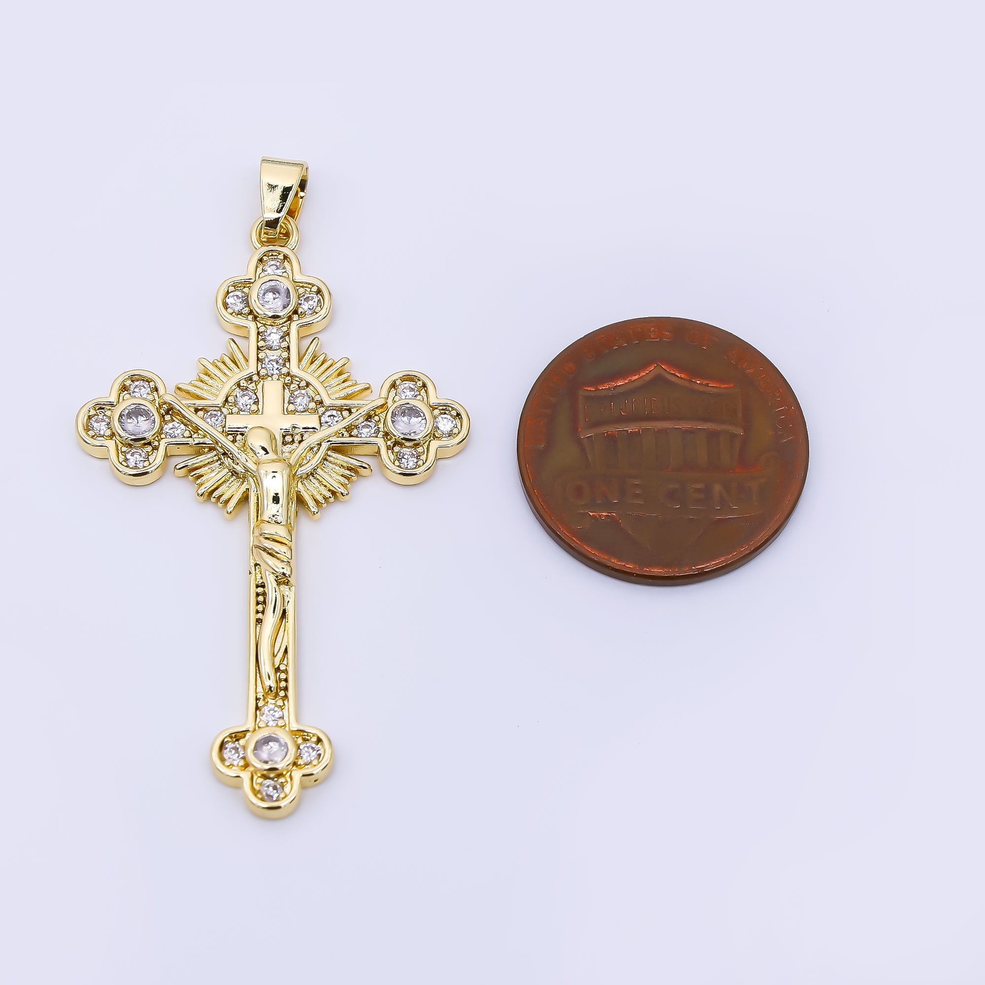 24K Gold Filled 42.5mm Micro Paved CZ Mesiah Holy Cross Christian Charm | AA-1569