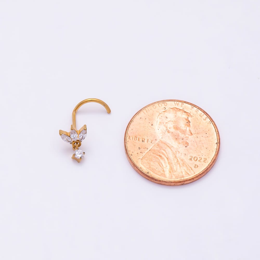 Titanium 9mm Clear CZ Marquise Round Drop Cartilage Nose Single Piercing Stud in Gold & Silver | BJ-00249 BJ-00250