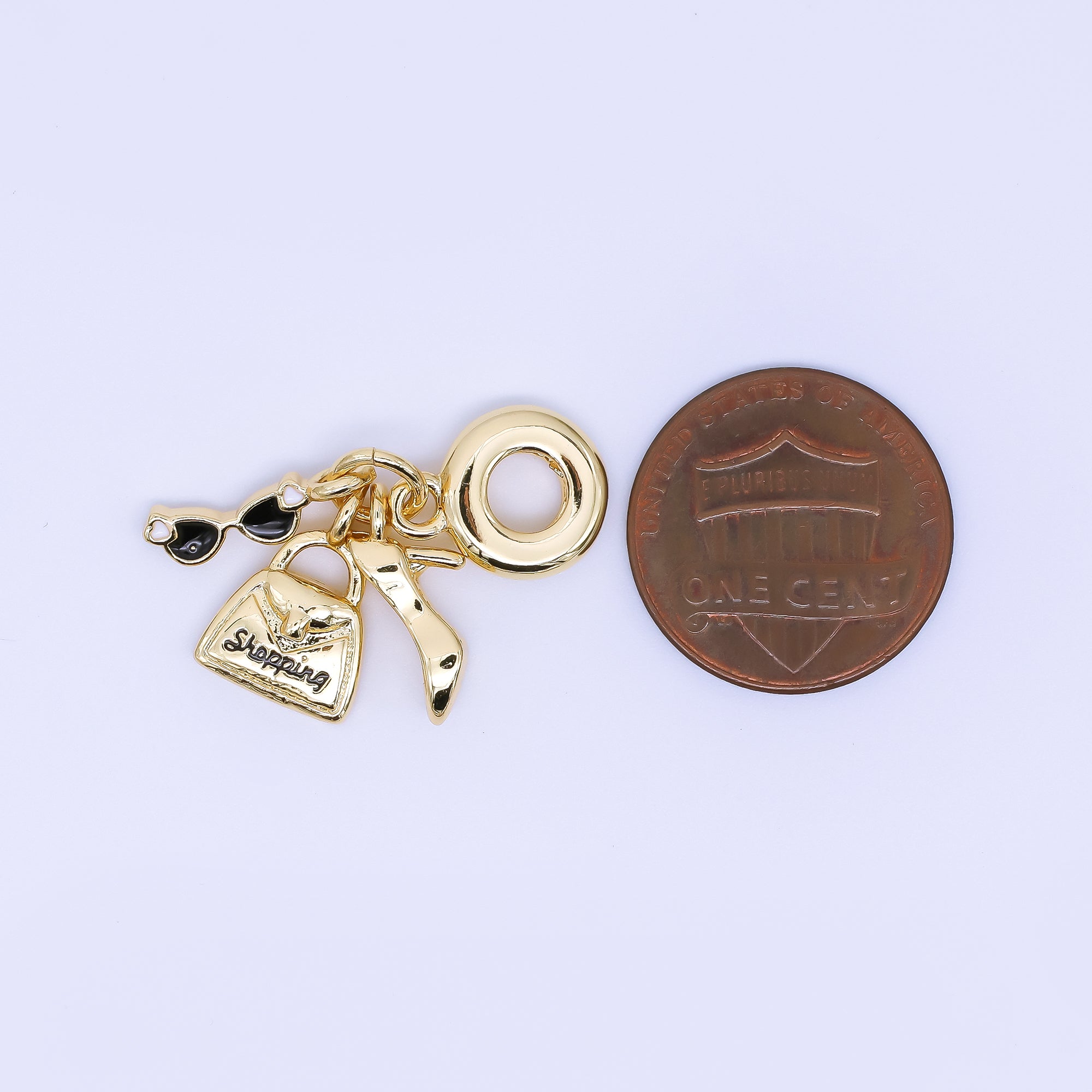 24K Gold Filled 14mm Glasses, Heels, & Shopping Bag Fancy Set Rondelle Drop Charm | AC1652