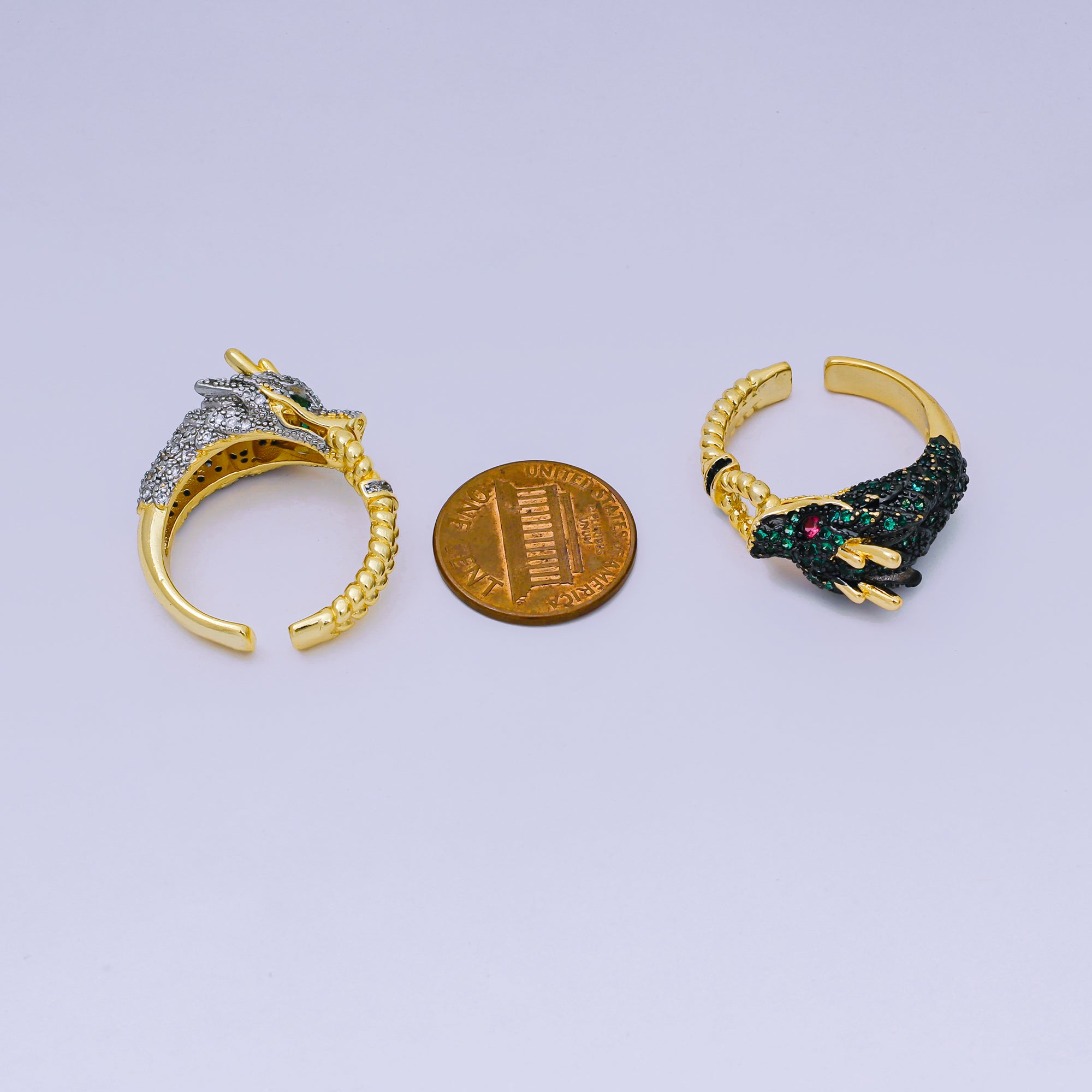 24K Gold Filled Red & Green Micro Paved CZ Enamel Art Mythical Dragon Adjustable Ring in Black & Grey | O-1489 O-1490